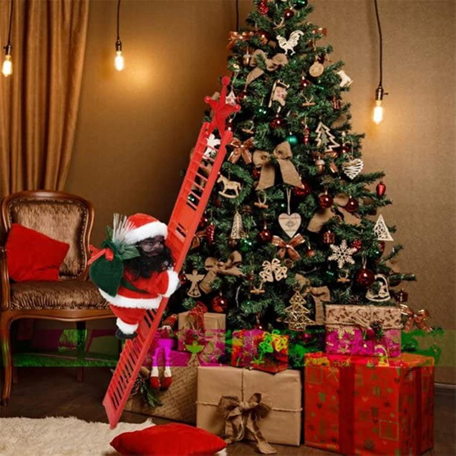 AUTOYSUR Christmas Santa Claus Electric Climbing Ladder Christmas Hanging Decoration Doll Music Creative Xmas Decor Christmas Tree Ornament Kid Gift Toy (B)
