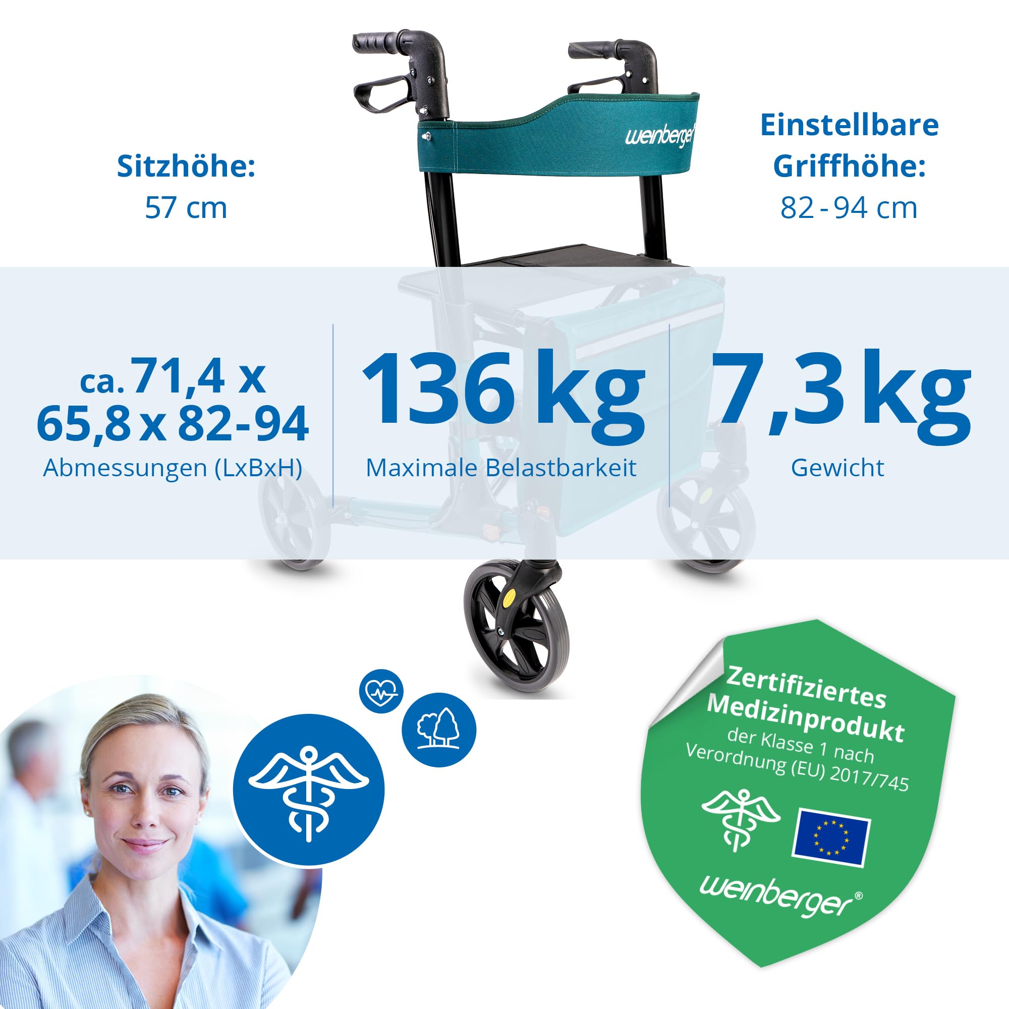 Weinberger Rollator faltbar und leicht mit Sitz | Tasche, Stockhalter, Griff, klappbar für alle Gelände | Höhenverstellbarer Indoor & Outdoor Rollator für Senioren | Gehhilfe, schmal, petrol