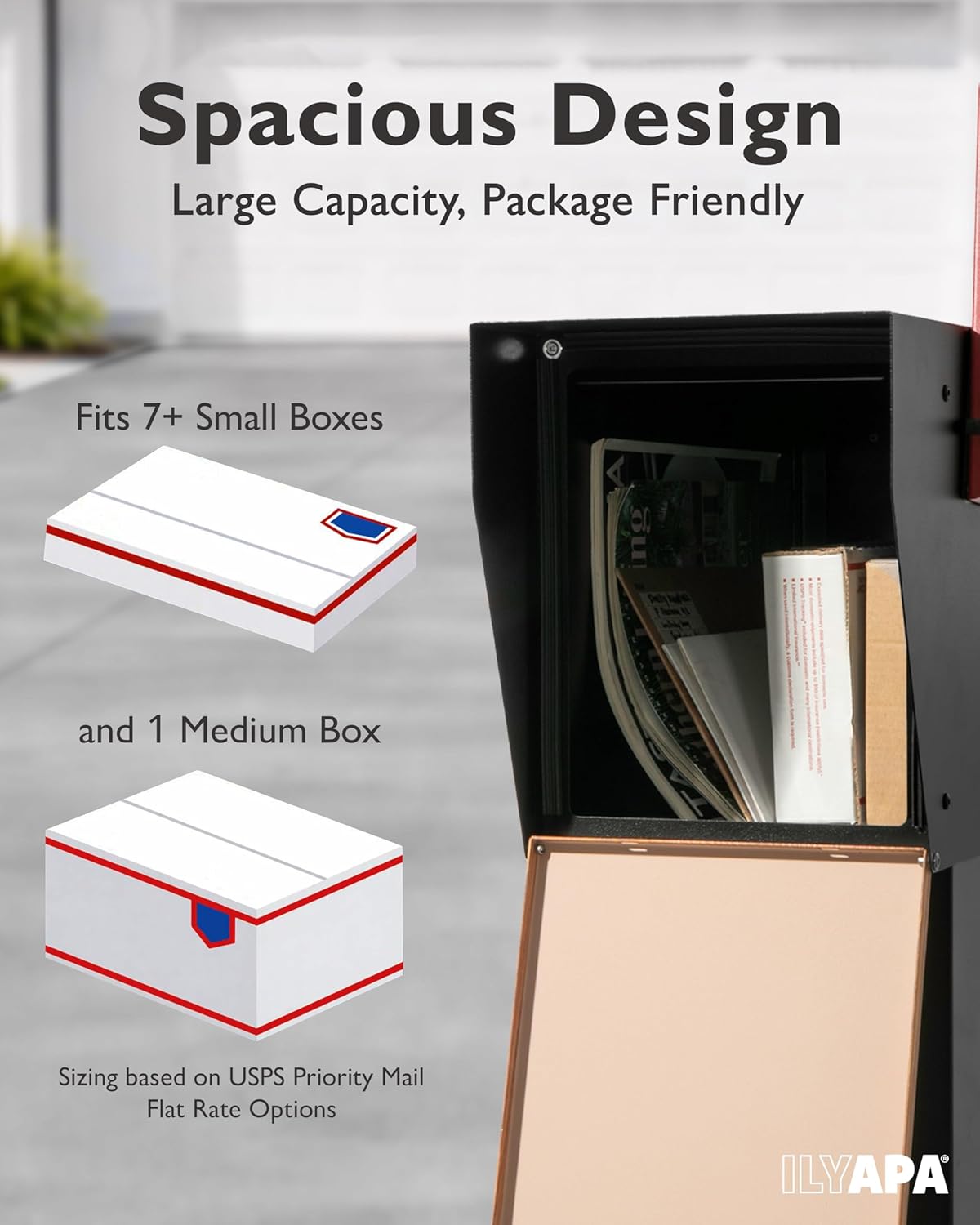 Ilyapa Black Modern Mailbox Post Mount Mailboxes for Outside- Powder Coated Steel Metal Mail Box with Rear Door, Outdoor All Weather & Corrosion Resistant, Stainless Steel Hinges & Magnetic Door