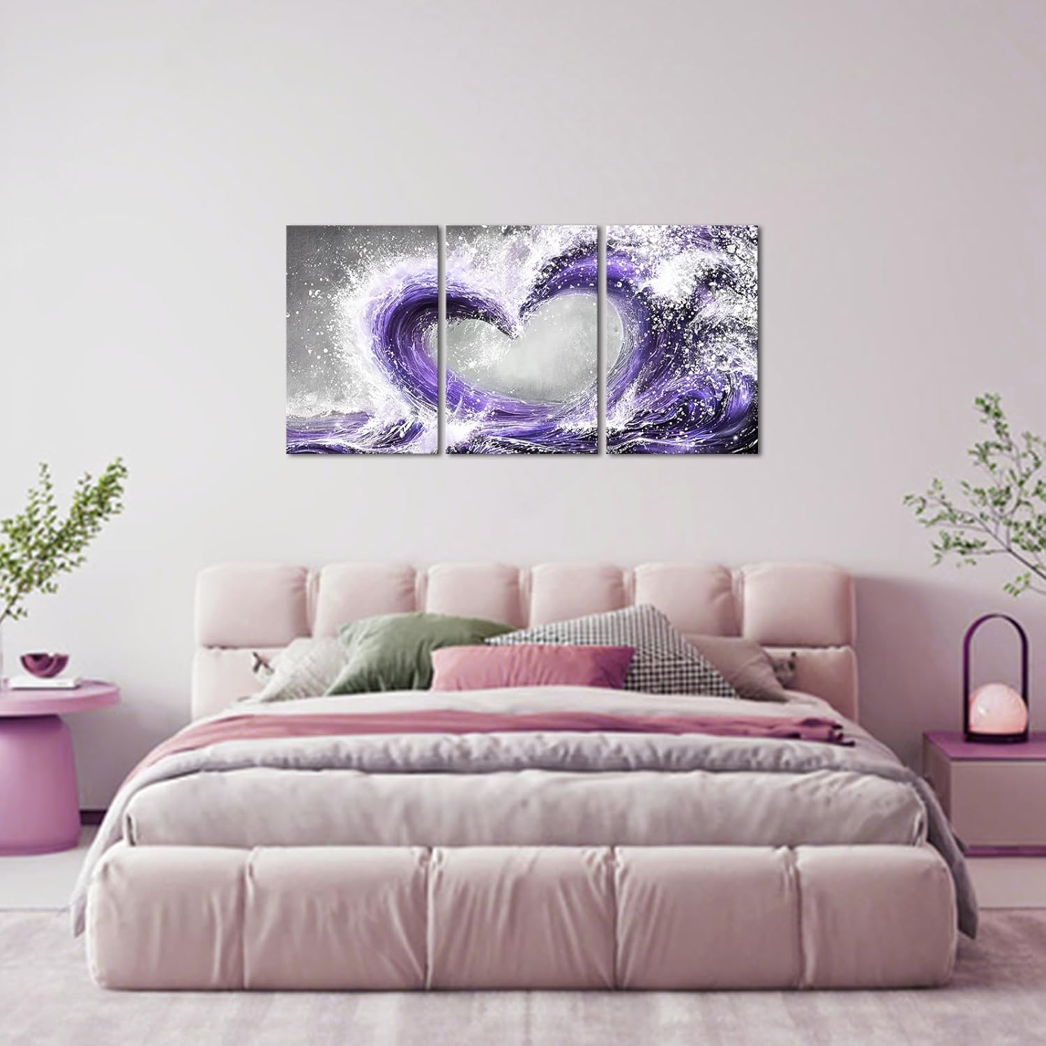 HOMEOART Romantic Bedroom Decor Ocean Wave Painting Love Sign Framed Artwork Bathroom Bedroom Living Room Wall Decor 16"x24"x3Pieces (Purple)