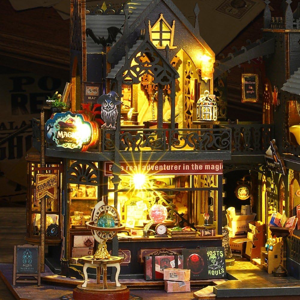 Drewniany zestaw do domku dla lalek, miniaturowy domek dla lalek, zestaw miniaturowy dom ze światłem LED i mi, pomysł na pokój dla dzieci/dorosłych (Book City)