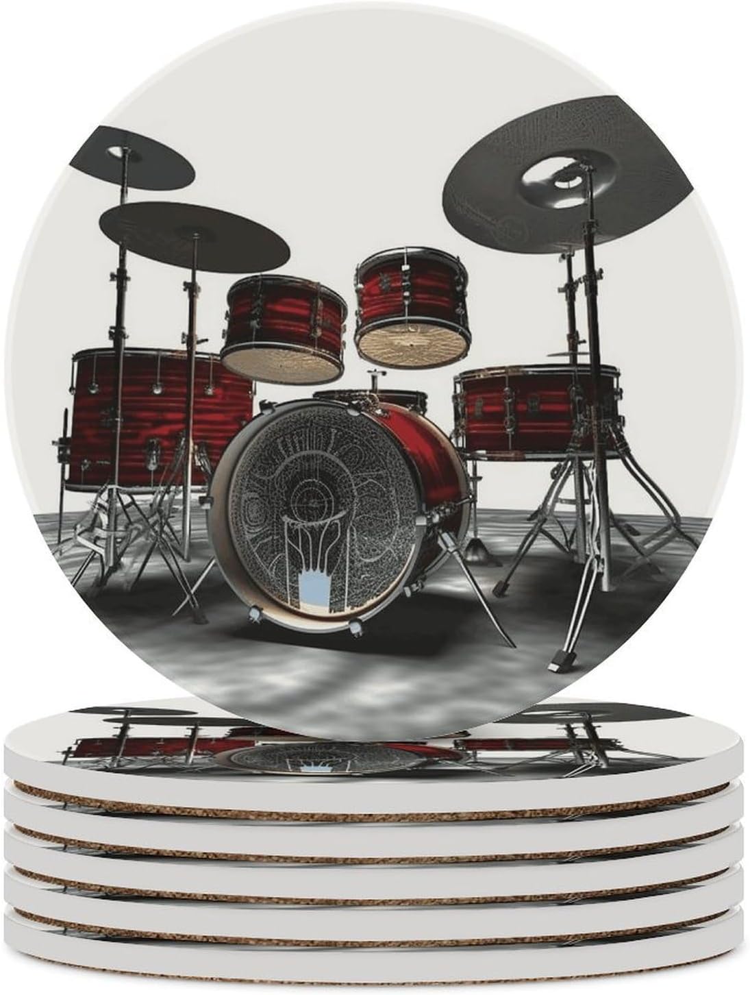Cool Drum Set Coaster with Cork Base Drink Coasters for Coffee Table Decor Modern Cup Coasters with Non-Slip & Heat-Resistant Cute Ceramic Table Coaster for Home Dining