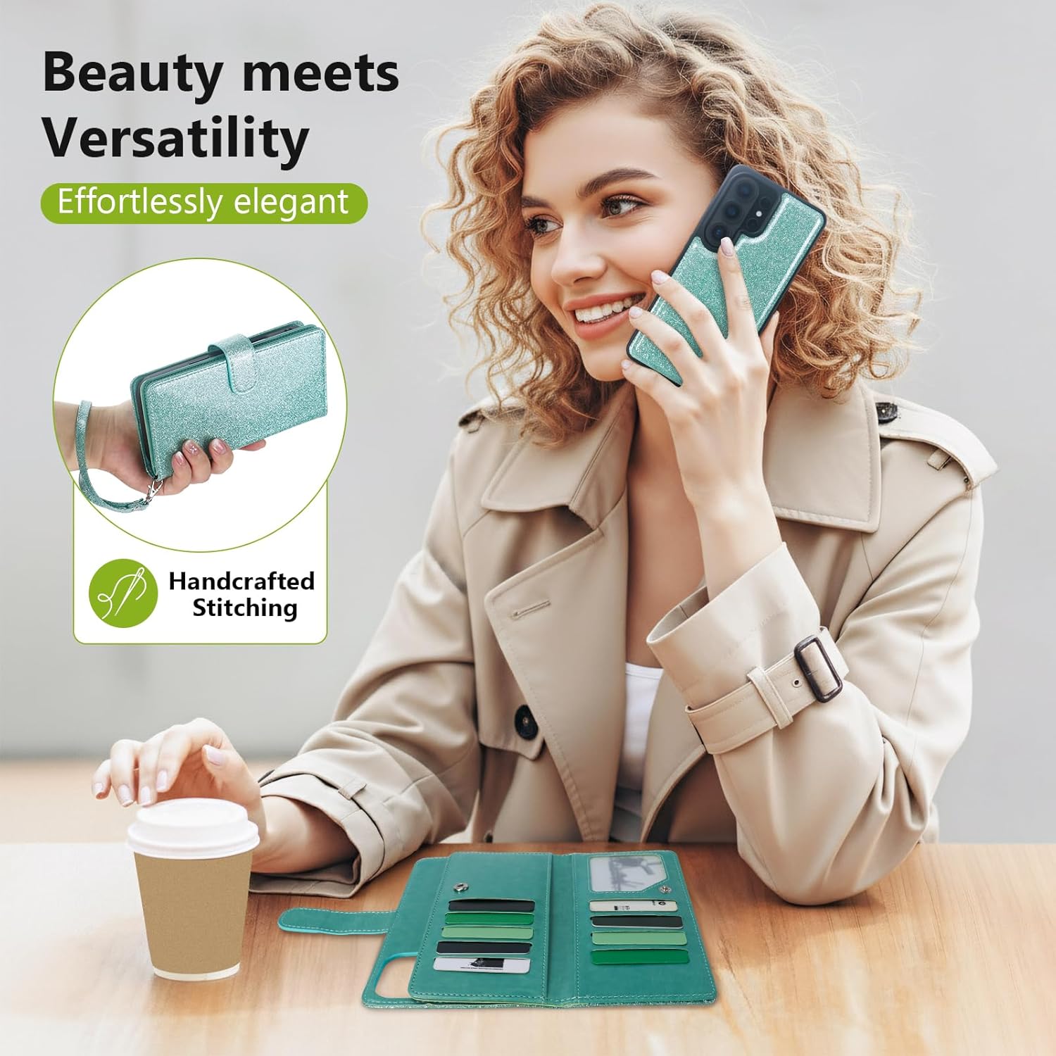 Varikke for Galaxy S26 Ultra Wallet Case Detachable with RFID Blocking Card Holder for Women, Glitter Leather Strap Magnetic Flip Removable Phone Case for Samsung Galaxy S26 Ultra 6.9", Mint Green
