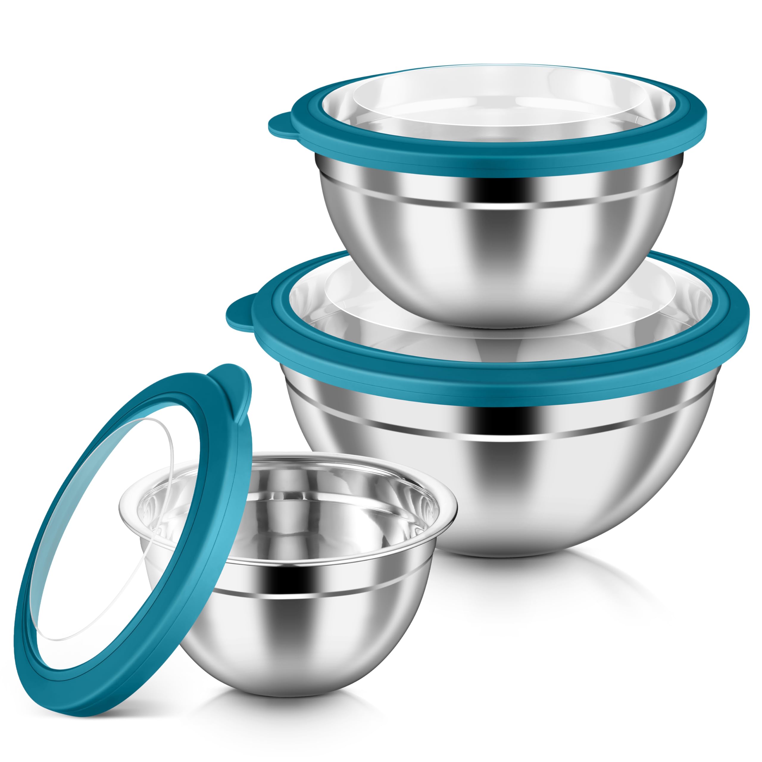 haware mixing bowls with airtight clear lids 6-piece stainless steel strong nesting bowls set metal salad bowl for cooking prepping baking serving amp food storage size 46 3 15qt teal blue