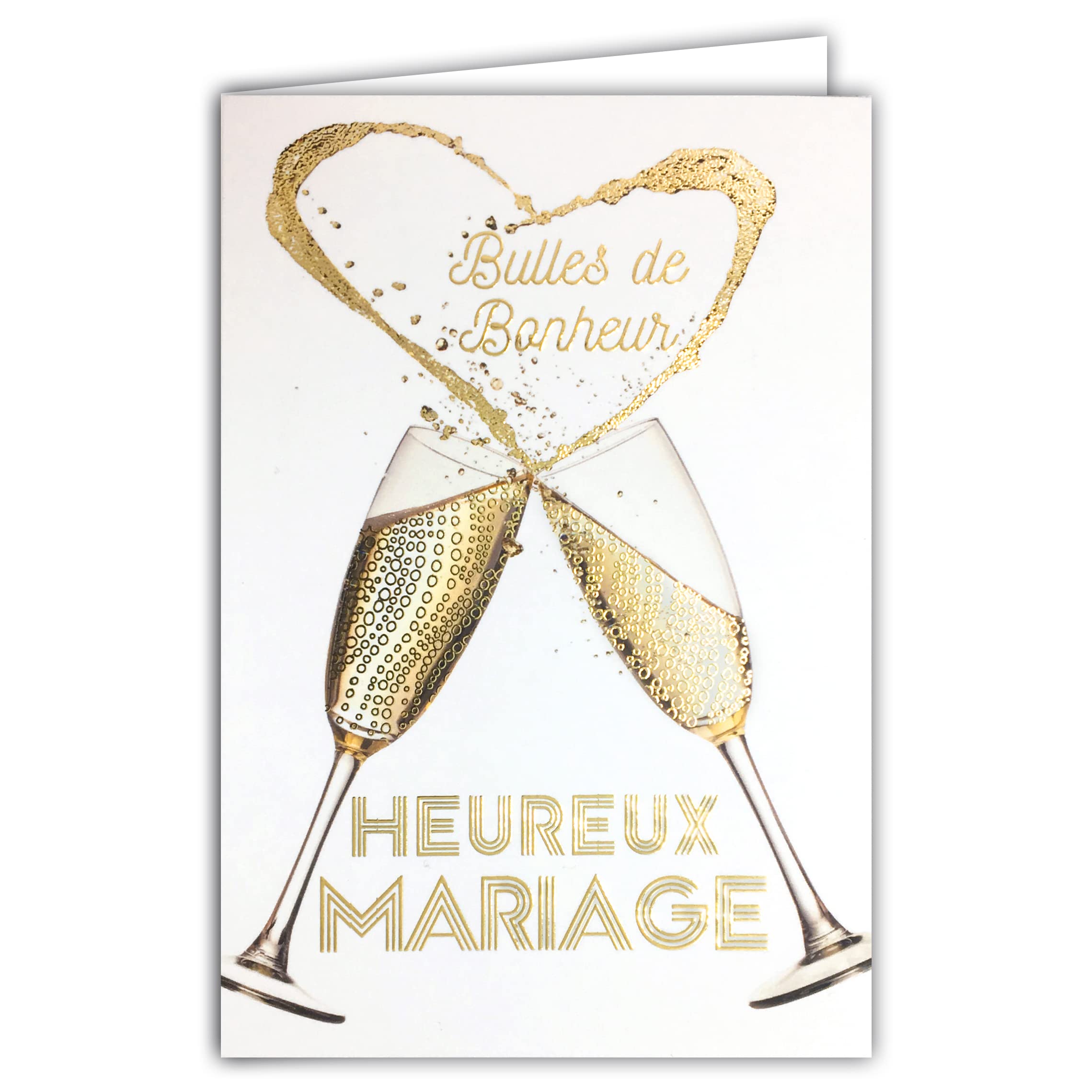 Afie 63-1155 Happy Wedding Congratulations Card with 2 Champagne Flutes Heart of Happiness Bubbles in Gold Shiny Sparkly Chic - Envelope Included - Made in France