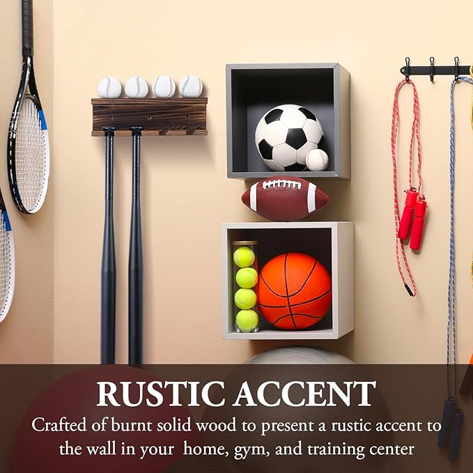 Wall Mounted Brown Wood Baseball Bat Holder and Ball Display Shelf, Bat Rack