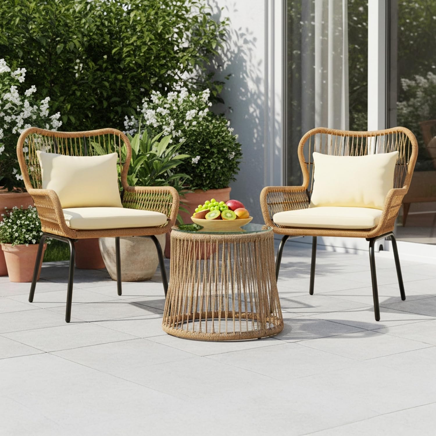DEVOKO Transform Your Outdoor Space with Our 3 Piece Patio Rope Furniture Set - Perfect for Terrace, Garden, Balcony, Porch, Deck and Yard (Beige and Cream)