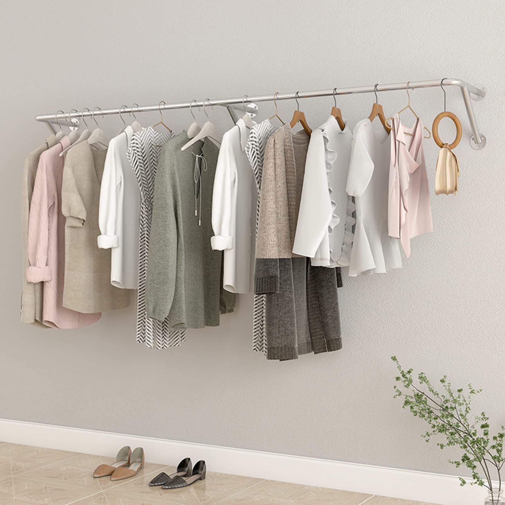 Modern Retail Garment Display rack, Boutique Store Hanger Industrial Pipe Clothes Bar, Wall-Mounted Garment Holder Storage Shelves Gold Clothes Rod, Cloakroom Organizer S,Silvery-Length 180CM