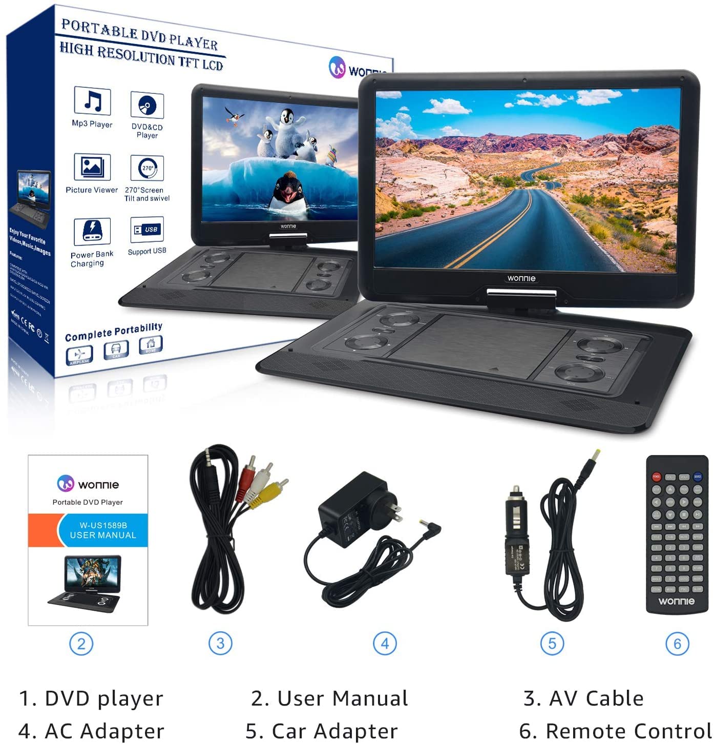 WONNIE 17.9’’ Large Portable DVD/CD Player with 15.6‘’ Swivel Screen