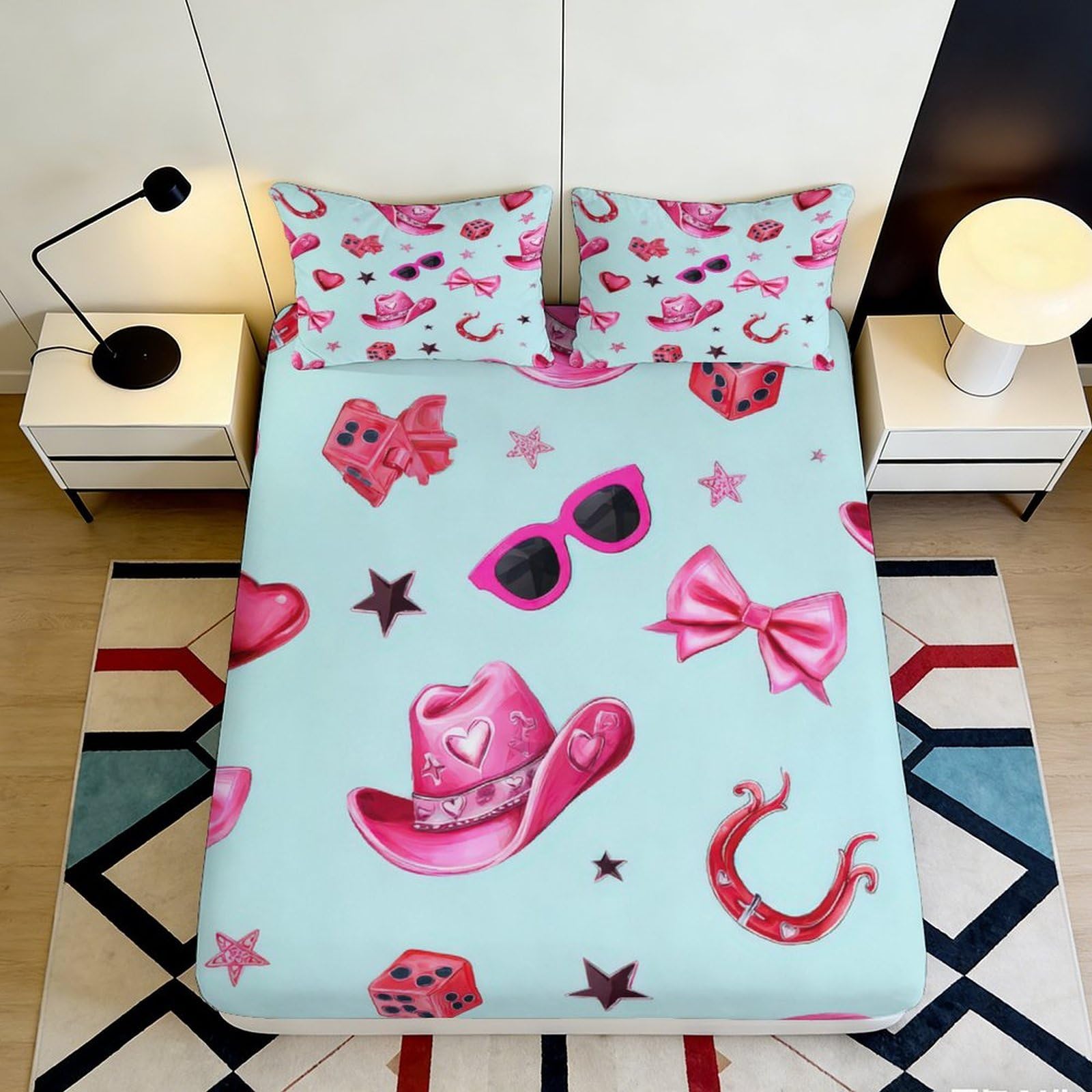 3D Printed Pink Cowboy Hat Fitted Sheet Microfiber Soft Breathable Sunglasses Bed Cover for Bedroom Dormitory Guest Room Mattress Protection Decor 90x200x25cm