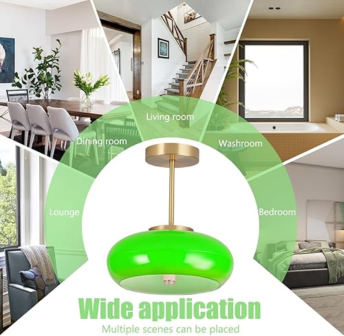 Miniatura 3 de Lámpara de techo de cristal moderna de montaje semiempotrado con pantalla de cristal de cúpula verde de mediados de siglo, 1 luz dorada cerca de la