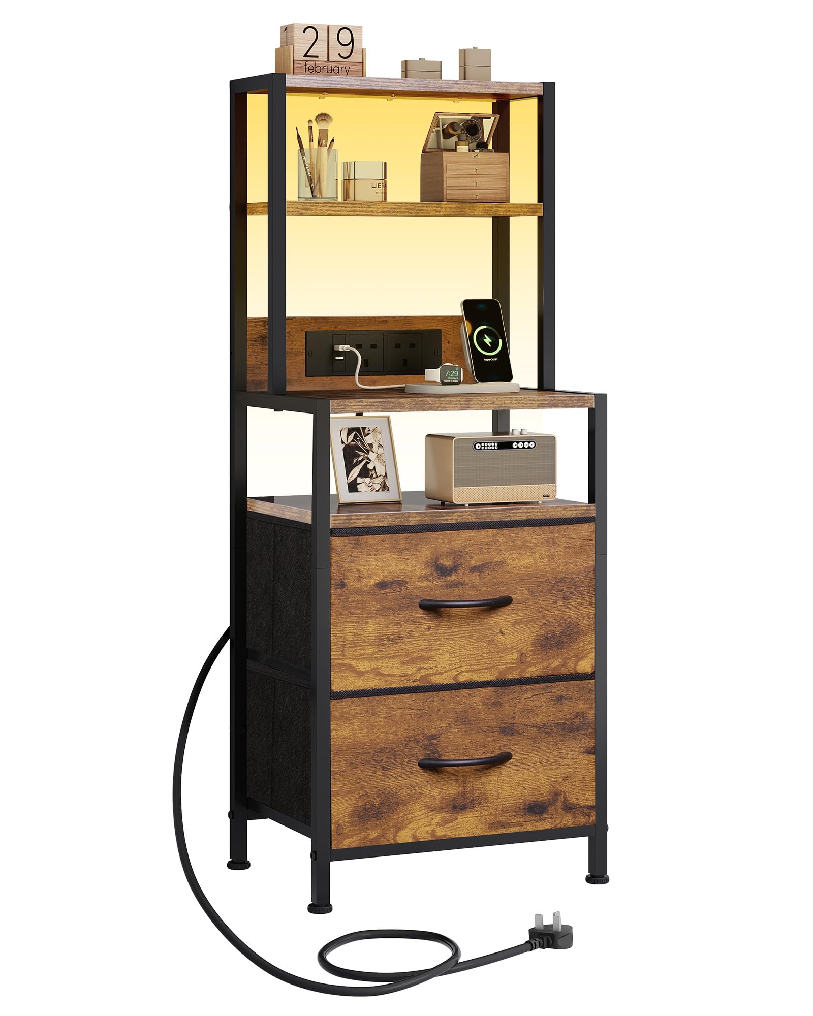 WLIVE LED Bedside Table with Charging Station, Tall Bed Side Table for Bedroom, Bedside Cabinet with 2 Drawers and Bookshelf for Living Room, Rustic Brown