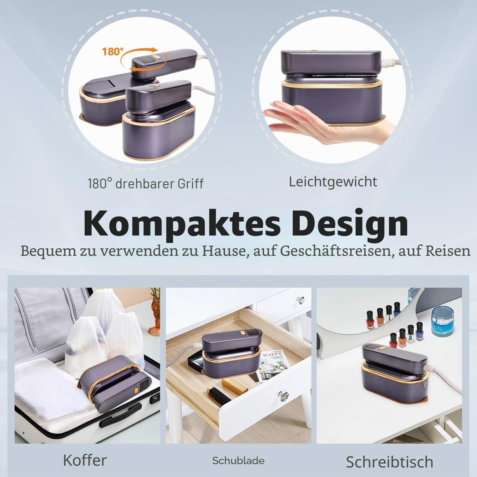 Dampfbügeleisen Mini mit LED-Anzeige,180°Faltbares tragbares Reisebügeleisen, Handgerät Bügeleisen Dampf 1200W 150ML iron 10s Schnelles Aufheizen 3 Dampfstufen für Reisen und Zuhause (Lila)