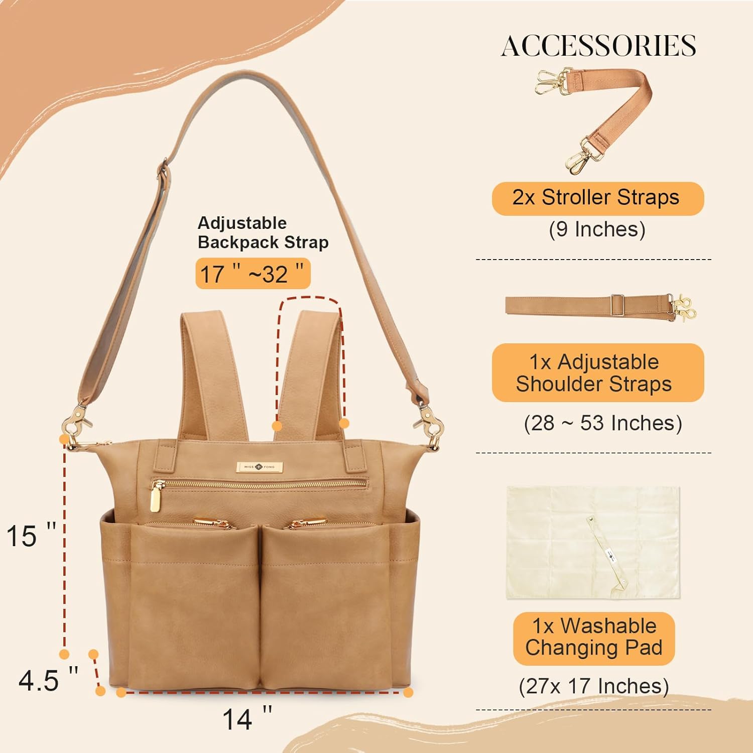 miss fong Diaper Bag Tote Baby Bag Leather Diaper Bag Backpack Large Diaper Tote Bag with 11 Pockets Changing Pad, Stroller Straps,4 Insulated Pockets Peanut image 3 of 7 B09PTPW6CV