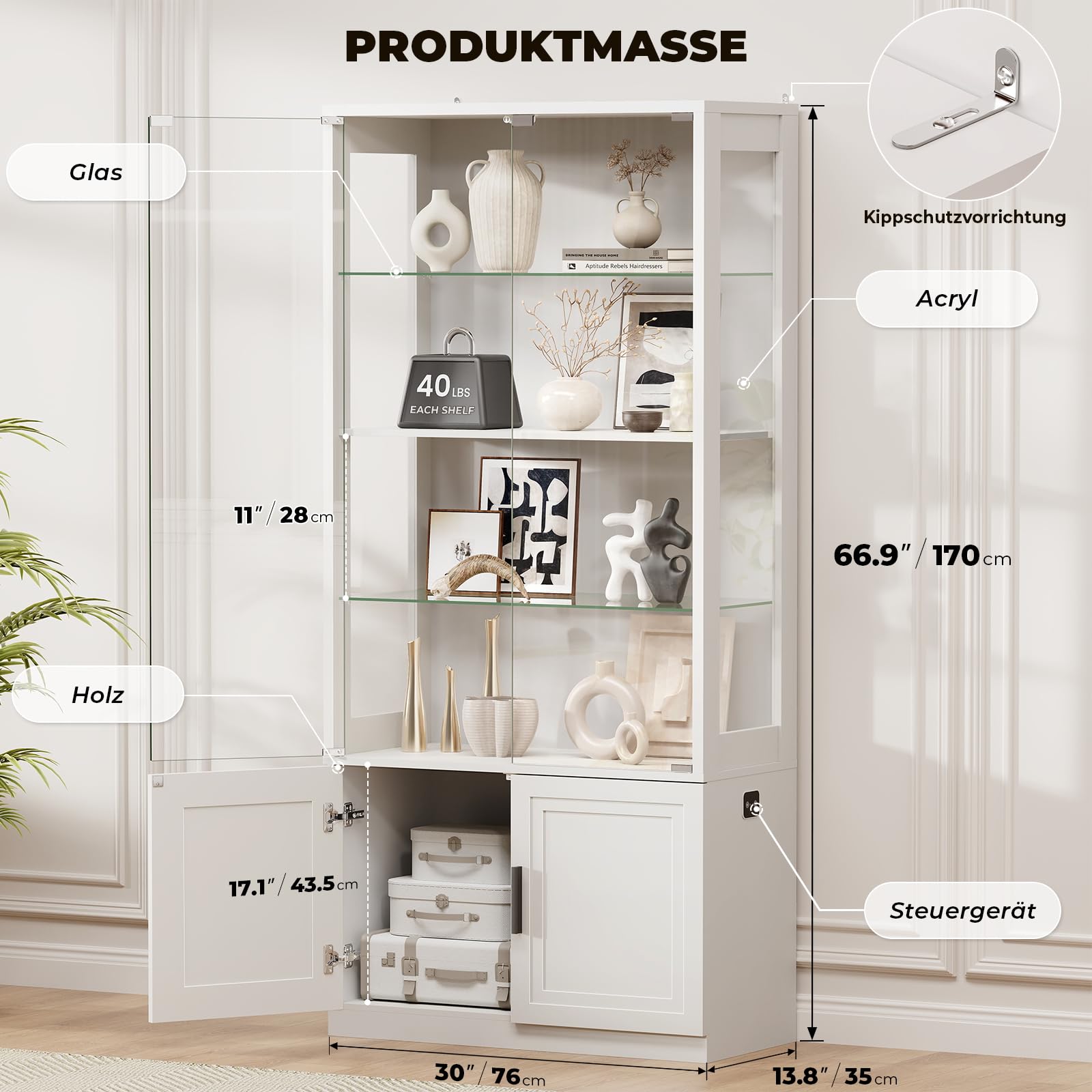 BROTTAR 170 cm Vitrine mit Glastüren, 4-stöckige Vitrine mit 2 herausnehmbaren Glasböden, Vitrine für Sammlerstücke, schwarz, weiß