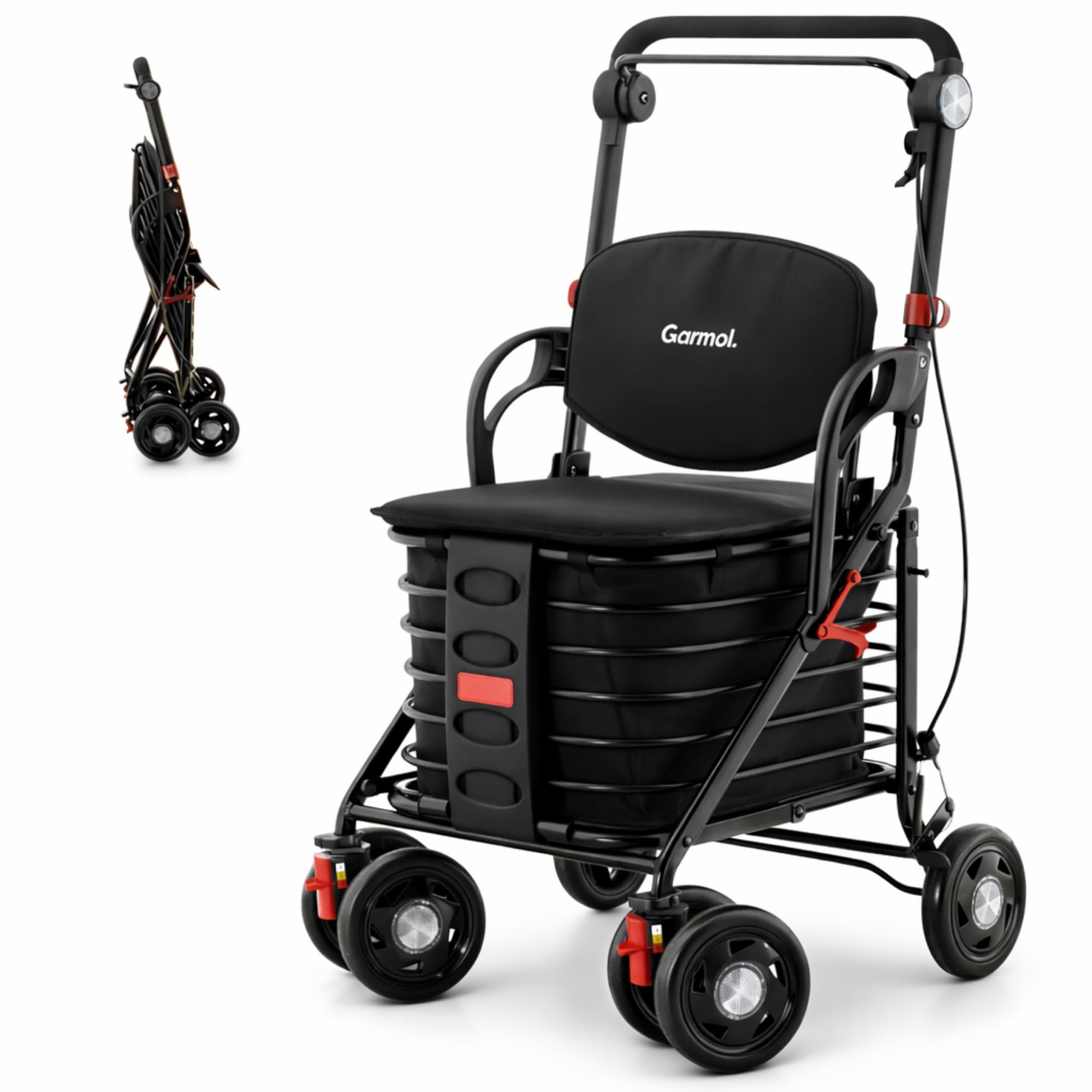 GARMOL Carro de Compra Relax con Asiento Acolchado 30L | Plegable, con Freno de Mano y Seguridad, Asa Regulable | Ideal para Personas Mayores hasta 120 kg (Negro)