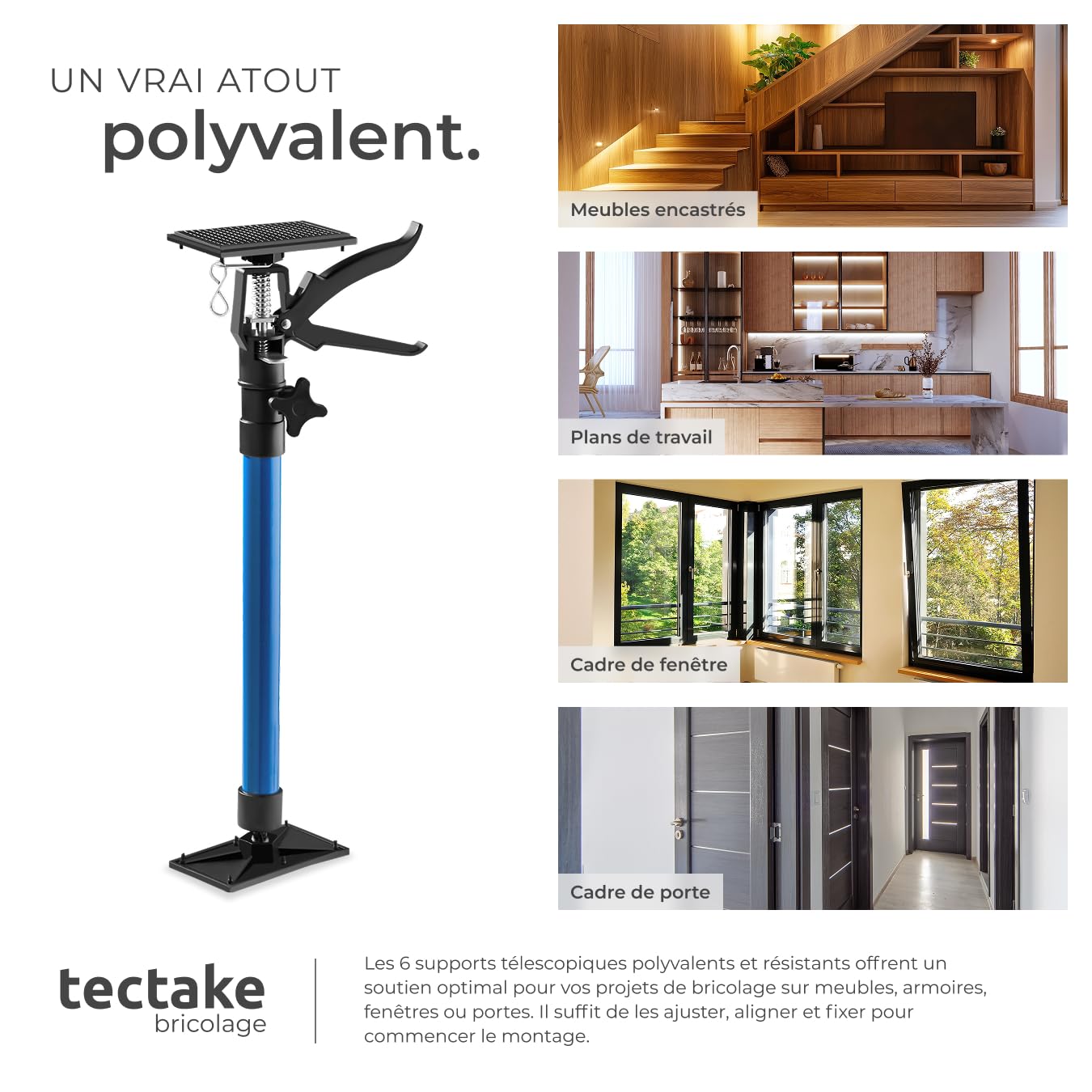 tectake® Lot de 6 Etais telescopique, Etai telescopique Soutien de porte, réglable en hauteur de 51 à 115 cm, Charge max. 30kg par Etai de soutien, Fixation rapide, Bricolage, Construction, Bleu