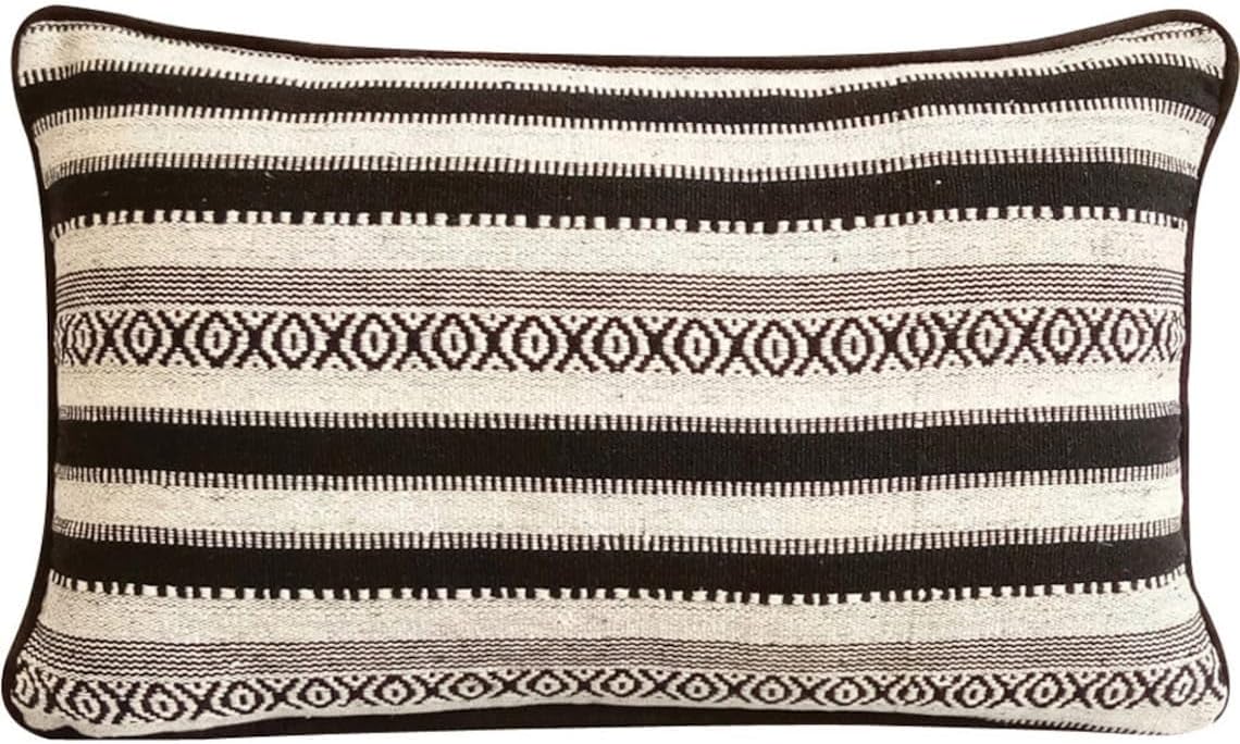The HomeCentric Zippered Lumbar Pillow Covers Black & White 12x18 inch (30x 45 cm) Oblong Pillow Covers, Wool Woven, Striped Pattern, Modern Style - Moroccan Ceramics