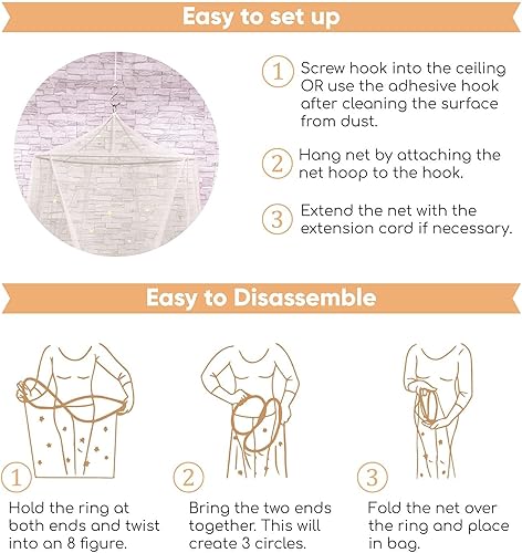 Miniatura 8 de Bollepo Toldo de cama blanco y rosa para niñas con estrellas brillantes – Decoración de habitación de red de cuna de princesa | Cortinas de cama