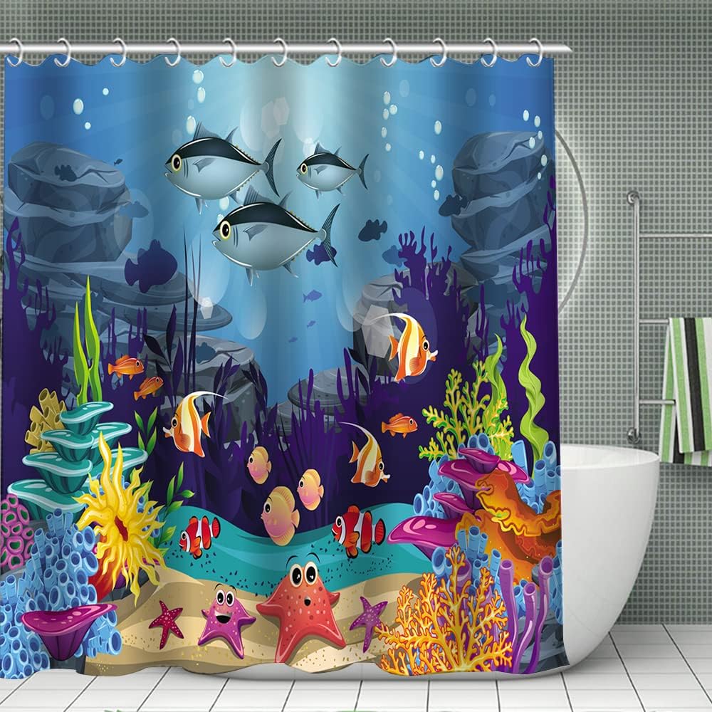 SHUIHAN Ocean Shower Curtain Blue Ocean Fish Under The