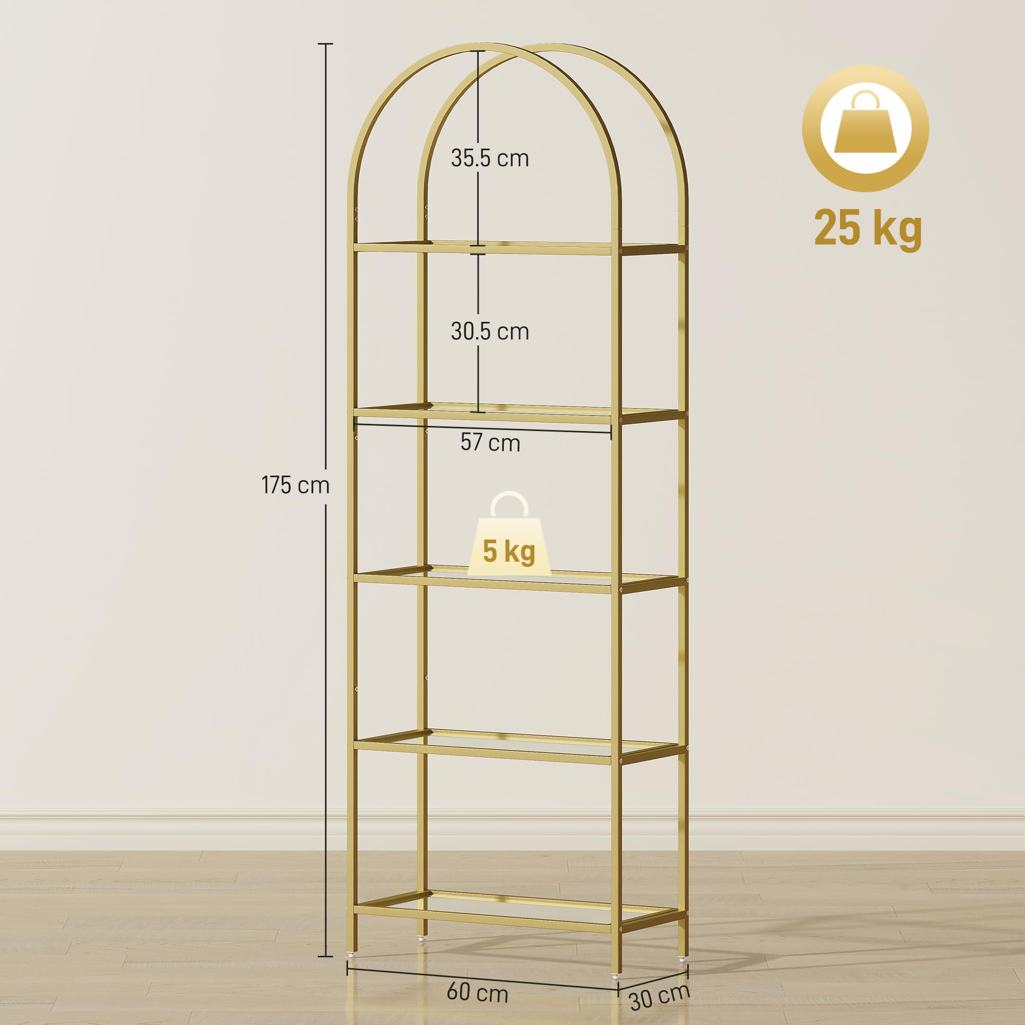 HOMCOM Libreria Scaffale ad Arco a 5 Ripiani, Scaffale Portaoggetti Moderno in Vetro Temperato con Struttura in Acciaio, per Bagno, Soggiorno, Camera da Letto, Studio e Ufficio, 60x30x175 cm, Oro