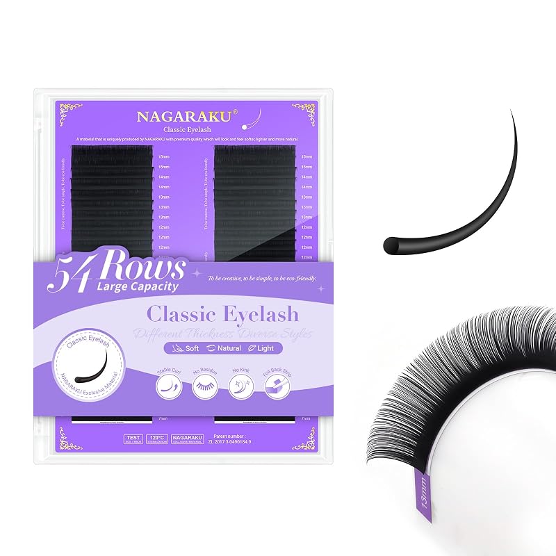 NAGARAKU Extensões de Cílios Individuais C Curl 0,12 mm, 7 a 15 mm, Preto Fosco, 54 Fileiras