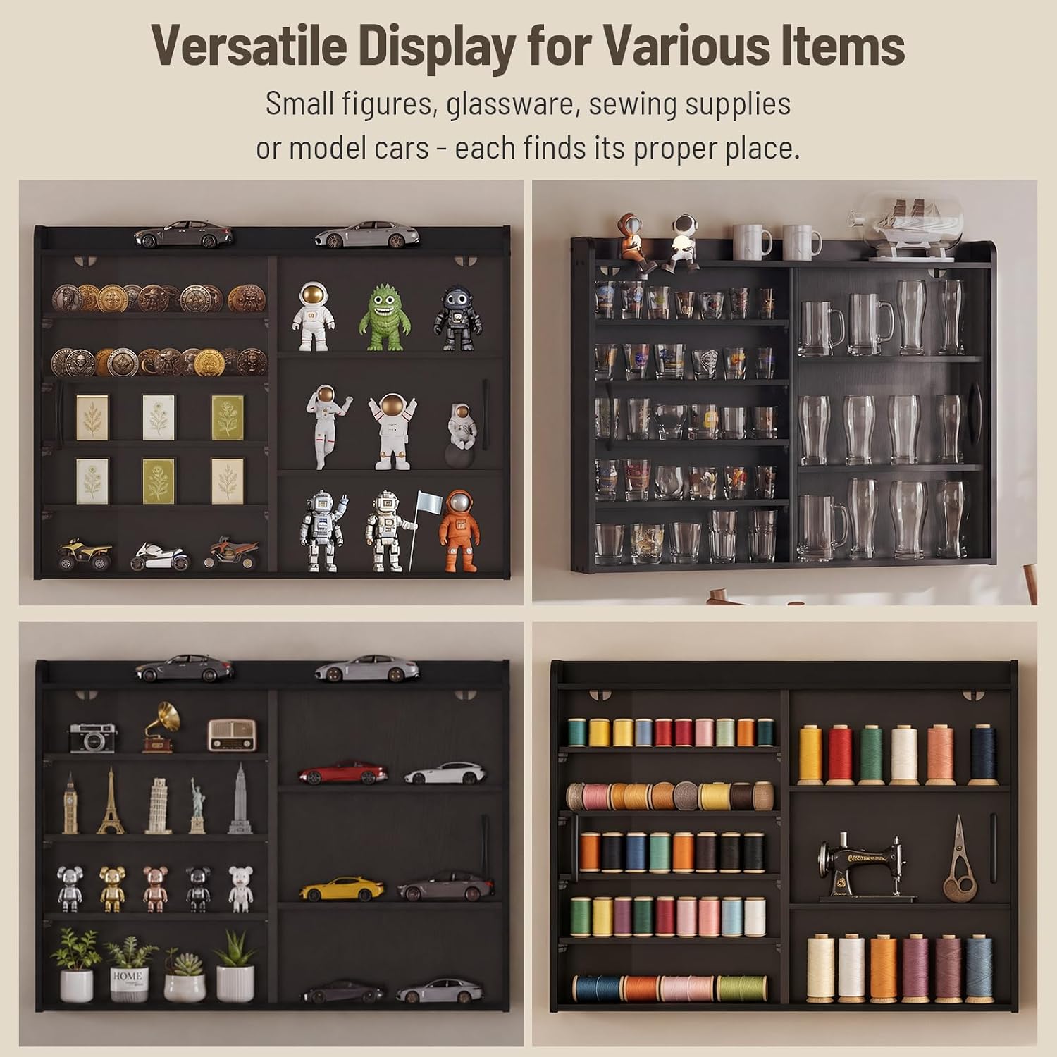 Wall Mount Display Case, Glass Collectible Case | Tempered Glass Door, Left 5 Adjustable and Reversible Shelves (Flat/Grooved) , Right 3 Fixed Shelves, Metal Handles, Black