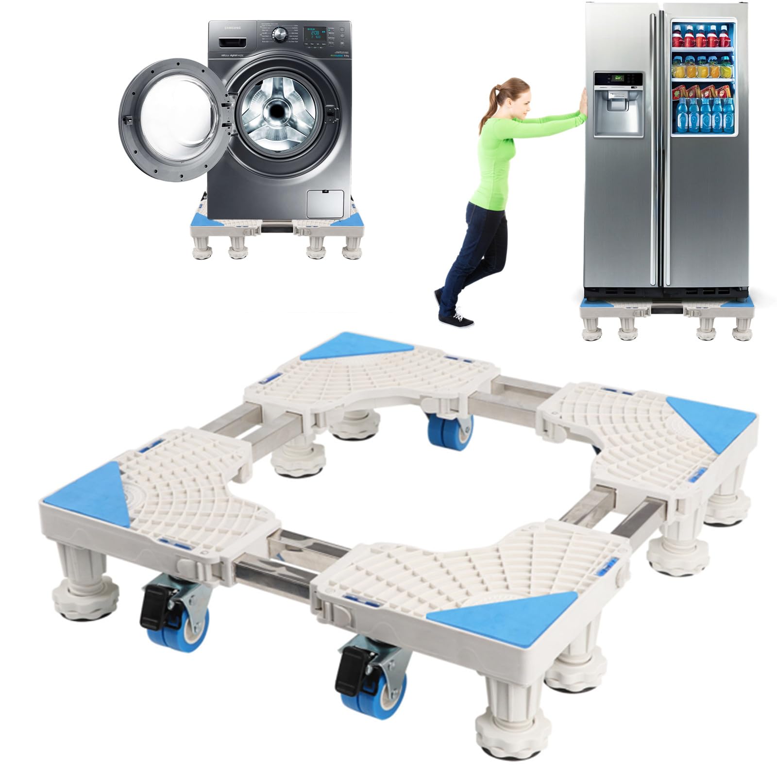 Qivine Carrello Lavatrice con Ruote 8 Piedi e 4 Ruote Base Regolabile per Lavatrice Misura Regolabile 45 a 68 cm Portata 300kg Kit Sovrapposizione Lavatrice Asciugatrice Anche per Frigorifero
