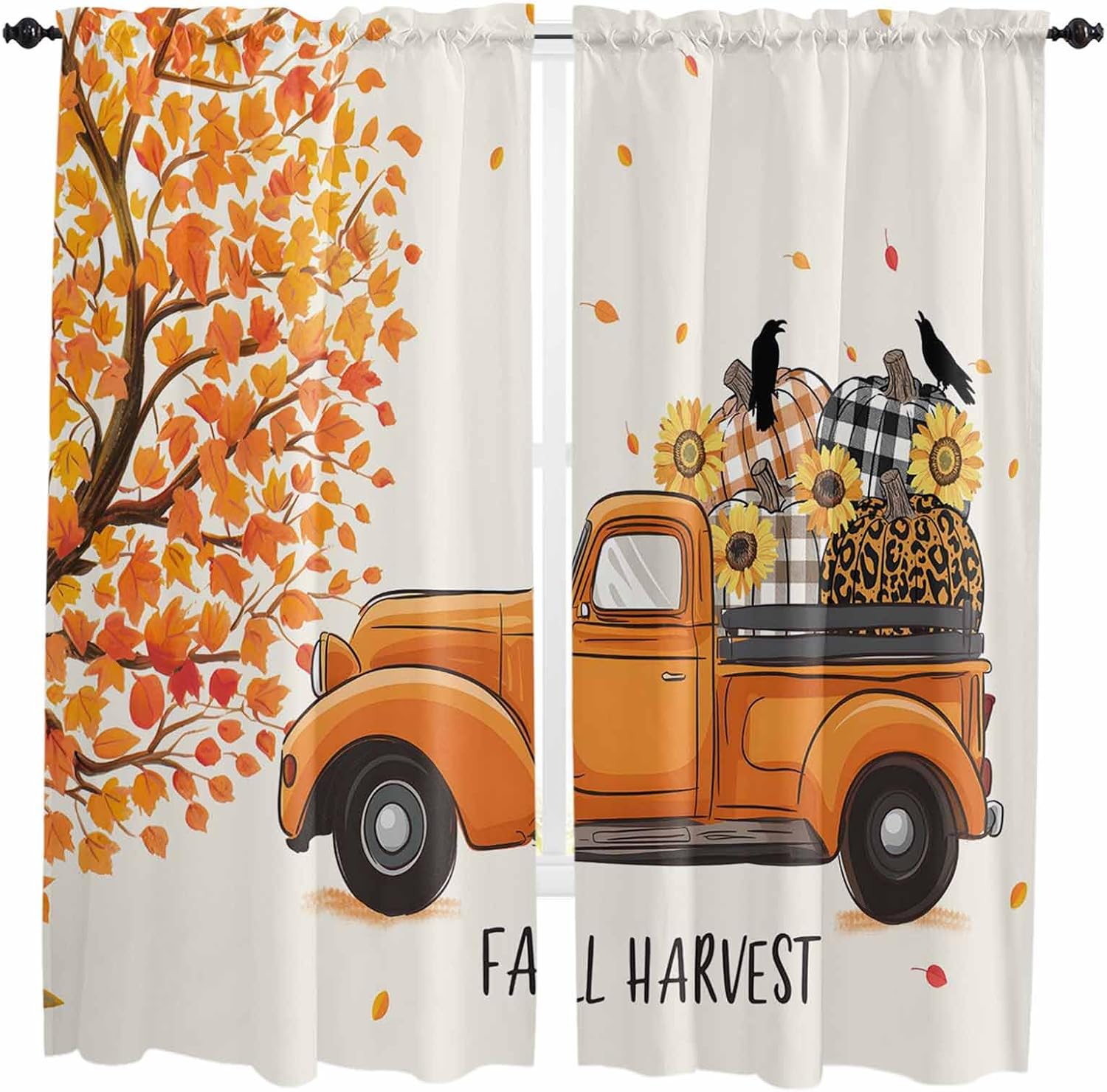 Thanksgiving Pumpkins Kitchen Curtains, Fall Maple Leaves Country Truck Harvest Light Filtering Window Curtain, 2Pcs Rod Pocket Window Treatments Set for Study Room Bathroom Bedroom 52x54 Inches