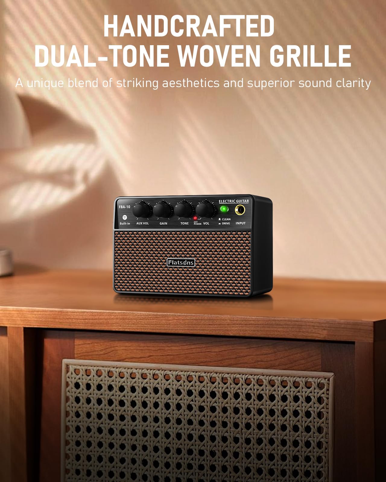 Flatsons FBA-10 Guitar Amp, 10W Mini Electric Guitar Amplifier with Clean/Drive Channel, 6H Working, USB-C Rechargeable, 3.5mm Headphone/AUX Jack, Wireless Portable Amp for Indoor Practice, Small Gig - Image 7