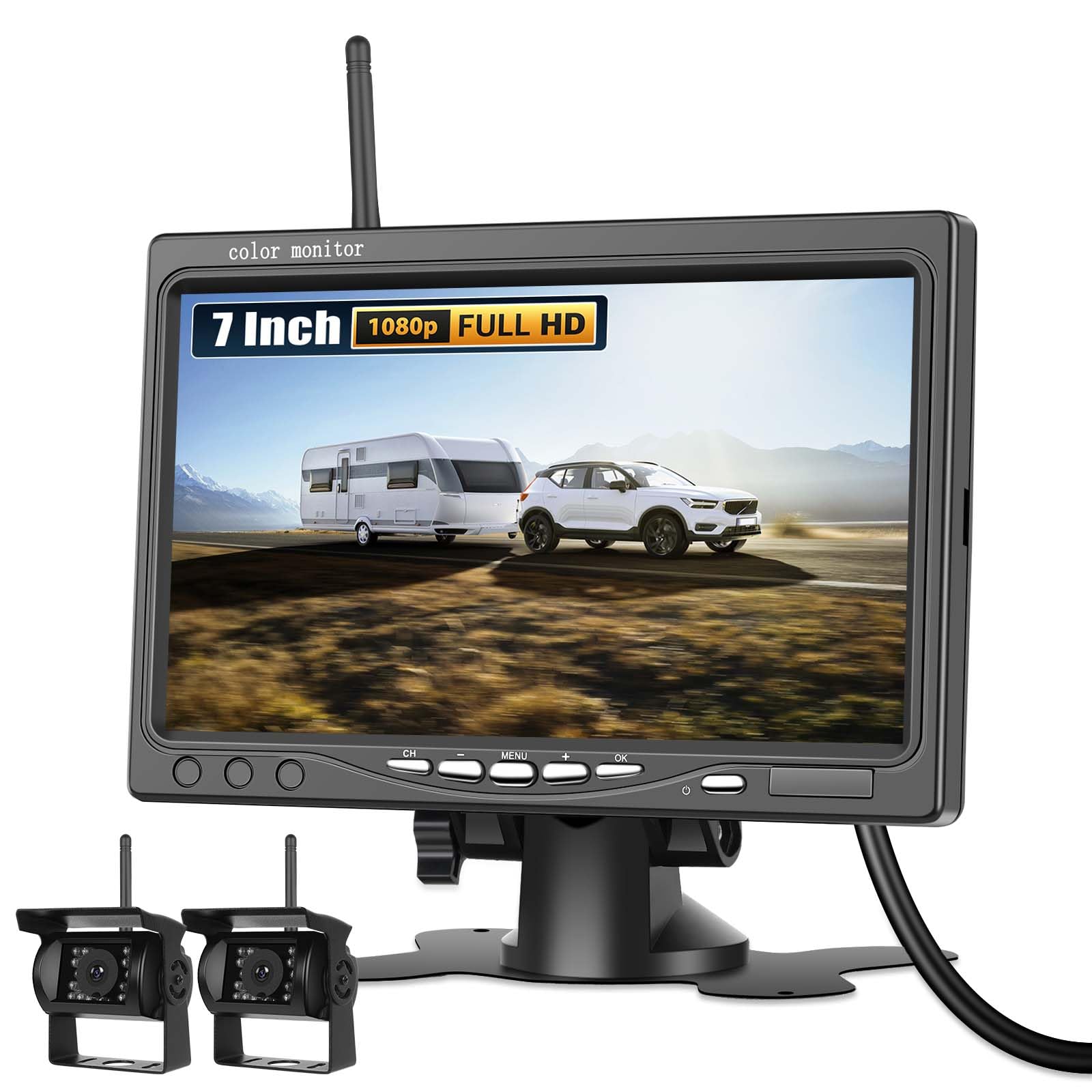 Camera de Recul pour Voiture 2 Caméras sans Fil WiFi Stable, 1080P HD Caméra de recul IP68 étanche Avertisseur d'angle Mort pour Camping Car/Camion/RV/Remorques/Agricole/Motorhome 12V-24V