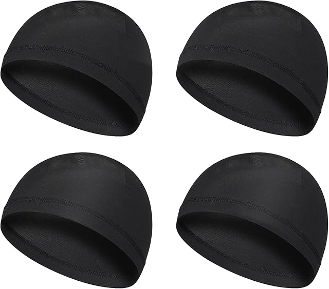 Yolev 4 Pieces Men Skull Caps Soft Cotton Beanie Sweat Wicking Helmet Liner Cycling Running Hat for Men Women Black