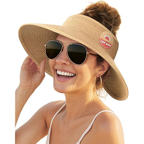 FURTALK Sun Hats for Women Wide Brim Beach Hat Straw Visor Ponytail Summer UV Packable Foldable Beach Vacation Essentials