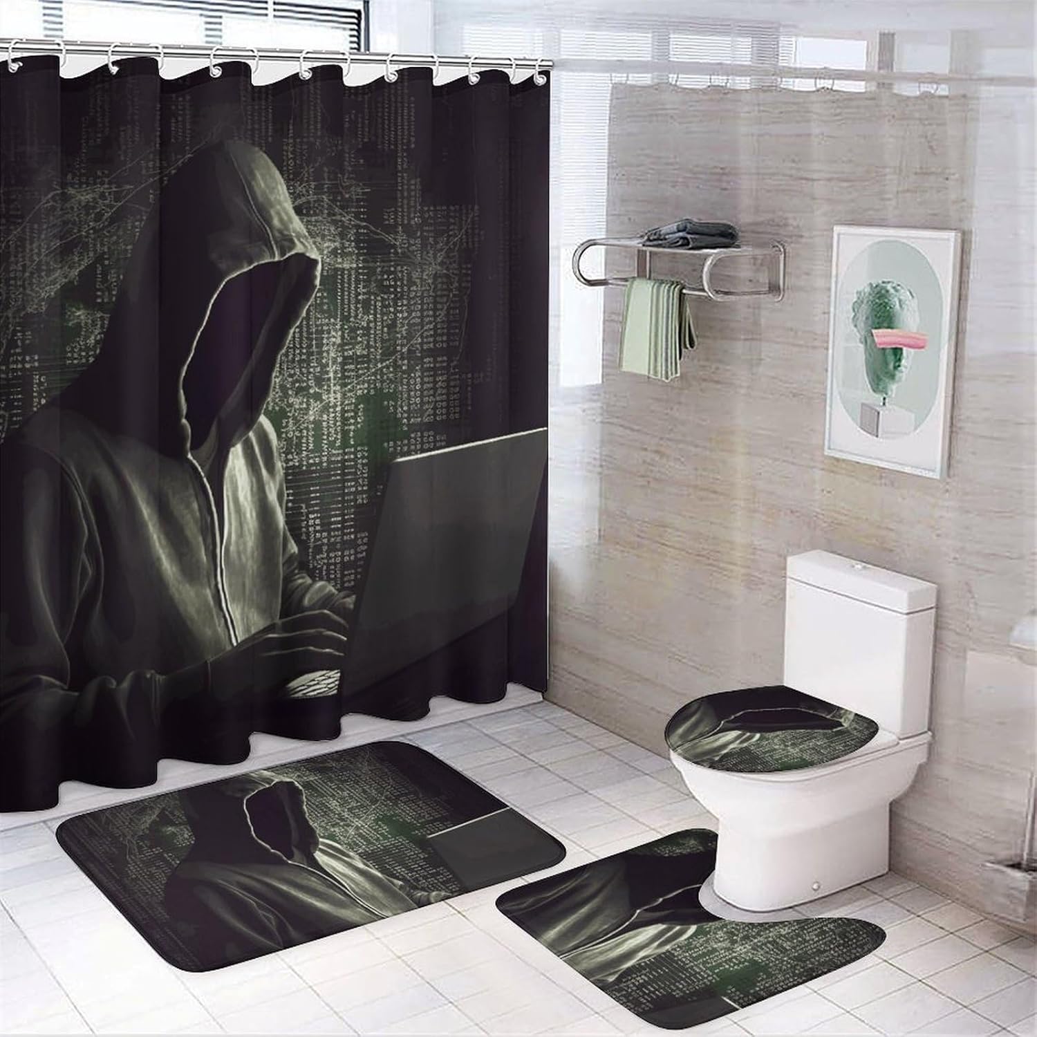 Hacker Shower Curtains Set 4 Piece with Non-Slip Rugs, Toilet Lid Cover and Bath Mat Soft Bathroom Carpet Waterproof Bathroom Curtain with 12 Hooks for Bathroom Decor