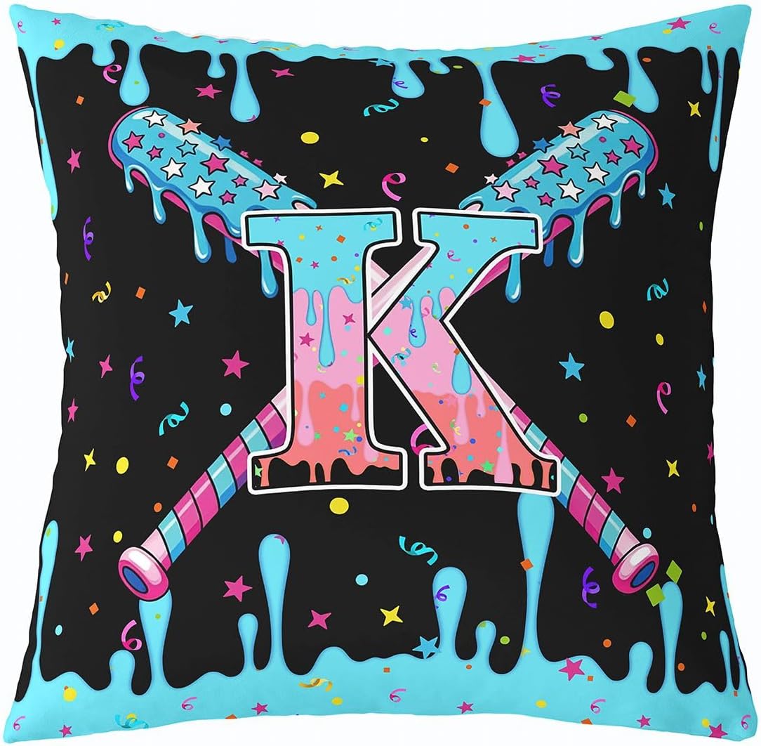 jejeloiu 16 x 16-Inch Set of 4 Baseball Decor Pillowcase Boys Girls Baseball Gaming Throw Pillow Covers for Kids Ultra Personalized Initial Letter K Cushion Case Sports Theme Room Decor Microfiber