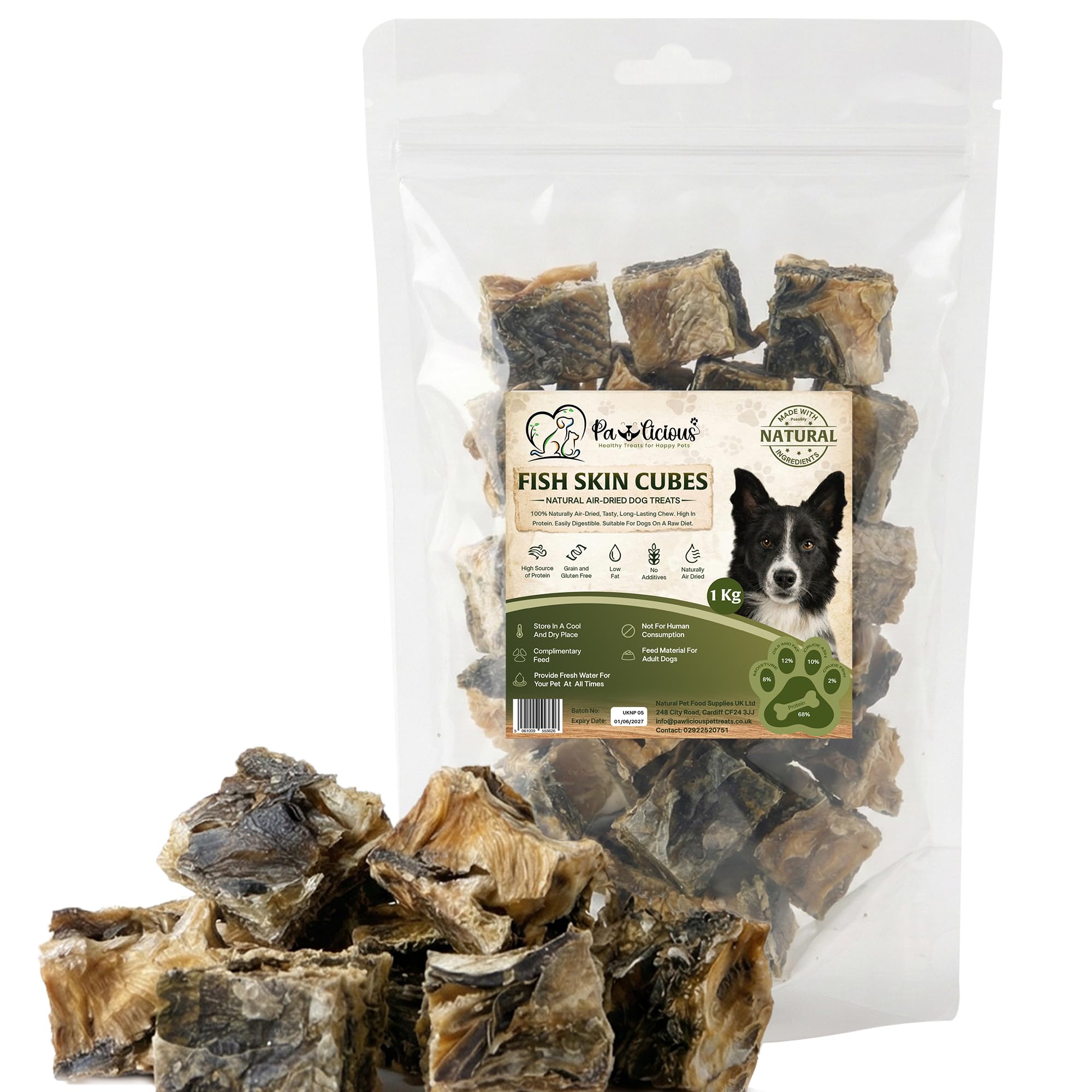 Pawlicious 1Kg Fish Skin Cubes for Dog Treats, Healthy & Natural Treat for Dogs, Air Dried Hypoallergenic Grain Free, Low Fat & High Protein Dog Chews