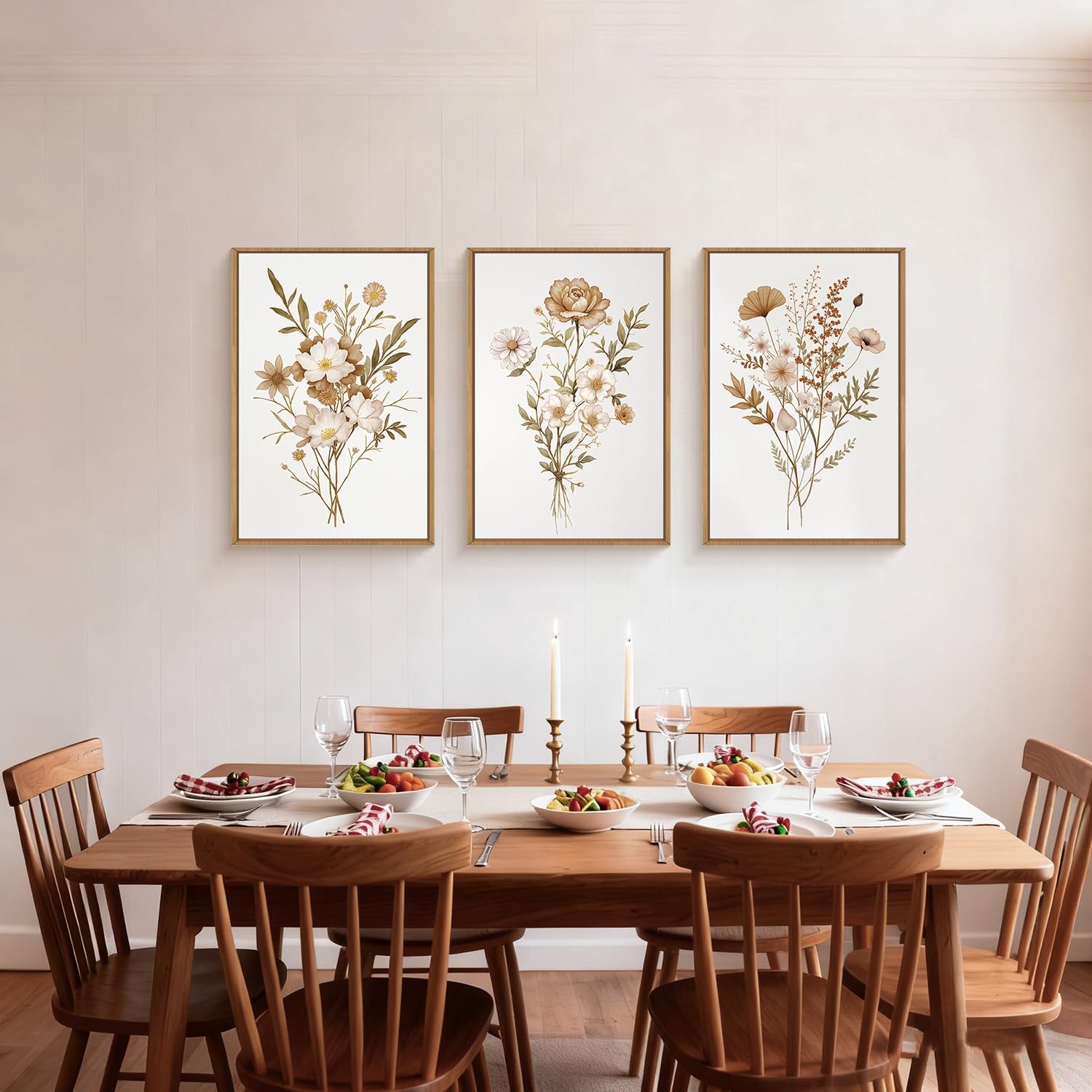 KAIRNE Neutral Boho Floral Wall Art Set of 3, Framed Vintage Botanical Flower Prints, Minimalist Wildflower Canvas Artwork, Modern Farmhouse Decor for Living Room Bedroom Office, 16×24inch