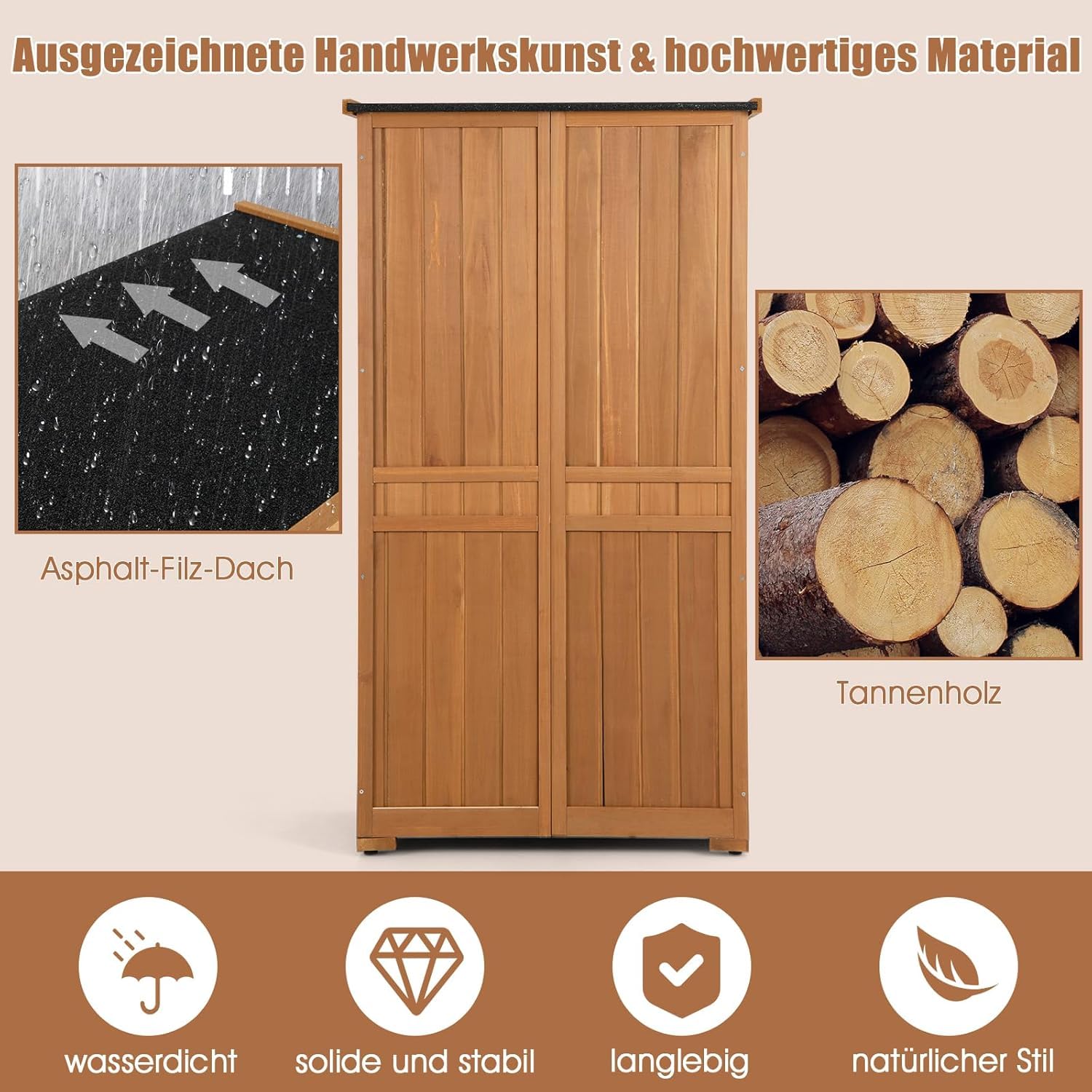 FANTASK Gartenschrank Holz, Gerätehaus wetterfest, Geräteschuppen mit 3 herausnehmbaren Regalen