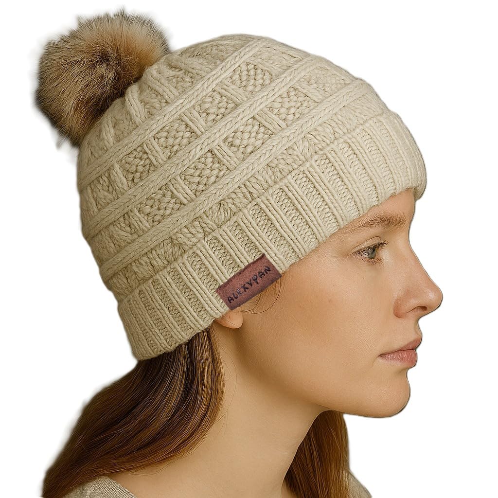 Alexvyan Winter Knit Beanie with Faux Fur Pom-Pom, Fleece Lined Acrylic Cap,Soft and Warm Fleece Interior, Women Woolen Wi