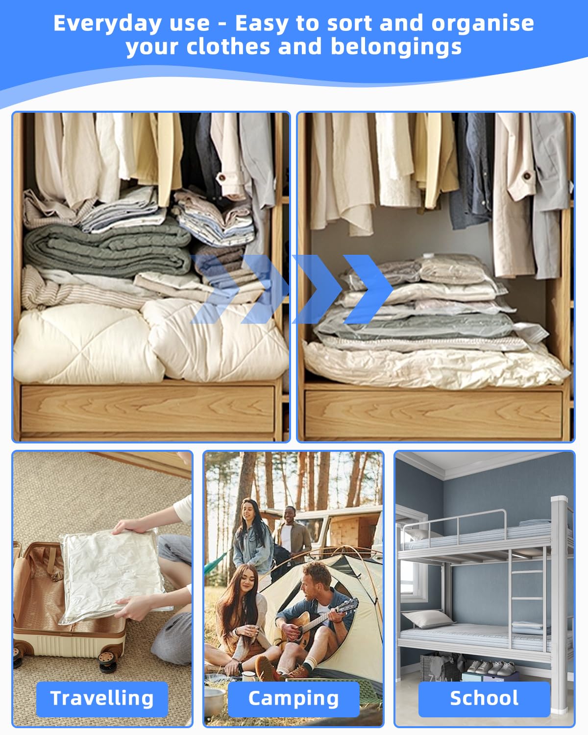 Sacchetti Sottovuoto per Piumoni e Vestiti con Pompa Elettrica (2 Jumbo, 2 Grandi, 2 Medi, 2 Piccoli) Sacchetti Sottovuoto Vestiti Viaggio Riutilizzabili Salvaspazio