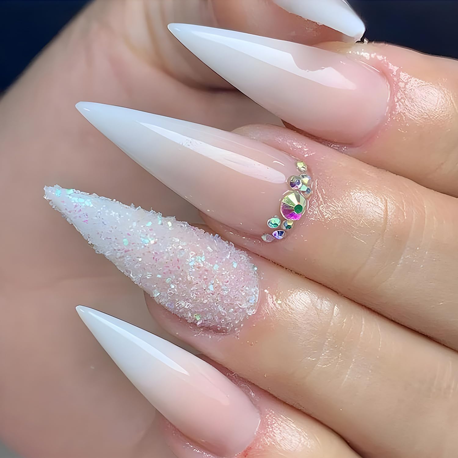 Gradient Nails - Long Water Droplet Shaped False Nails, Glitter Powder and Rhinestone Design, Artificial Acrylic Full Cover Reusable Coffin Nails Glue