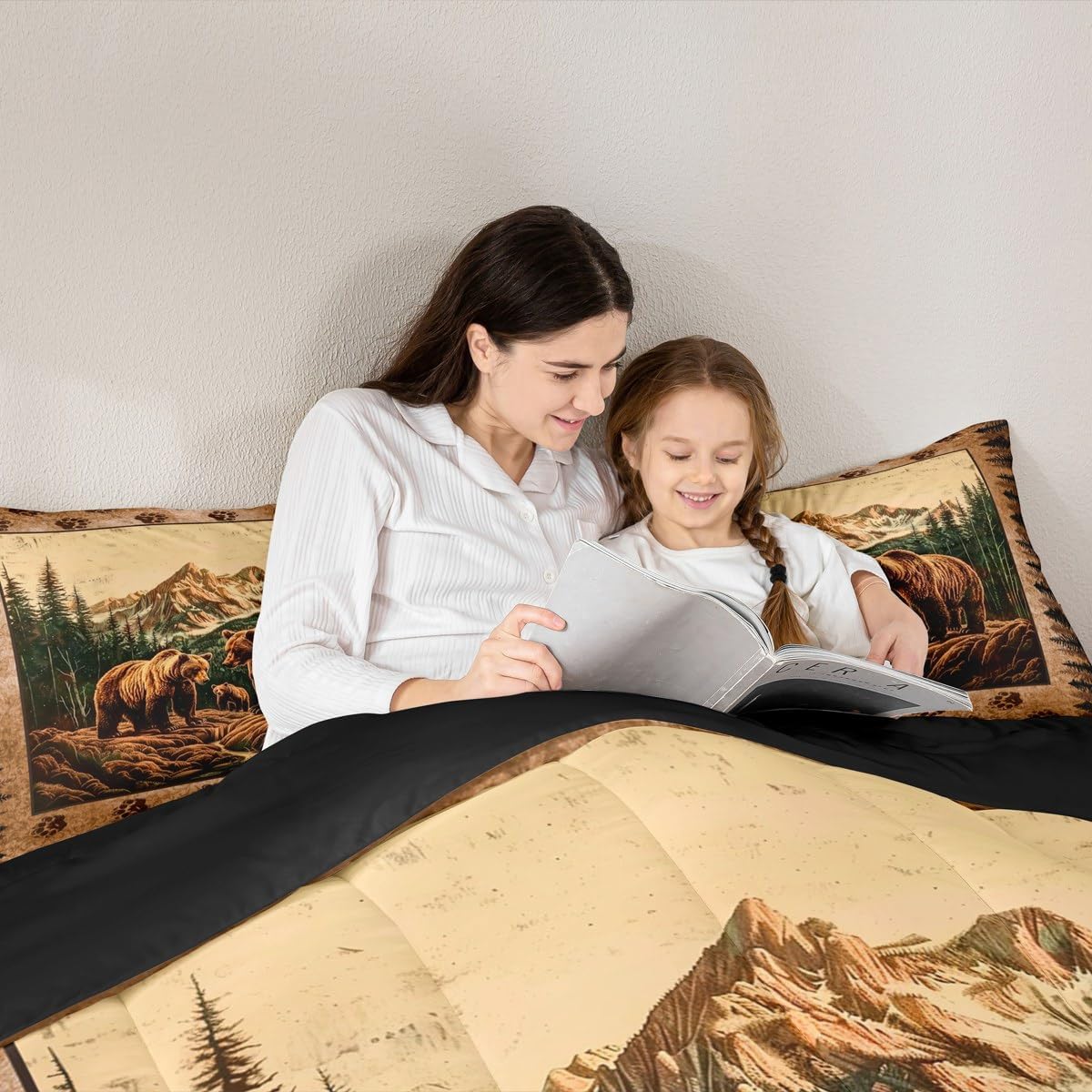 Erosebridal Rustic Cabin Comforter Set Queen Size Grizzly Bear Print Bedding - Rustic Farmhouse Bedding Comforter Sets - For Boys Teen Men,Hunting Wildlife Pattern Quilt Animal Theme Lodge Decor 3 Pcs