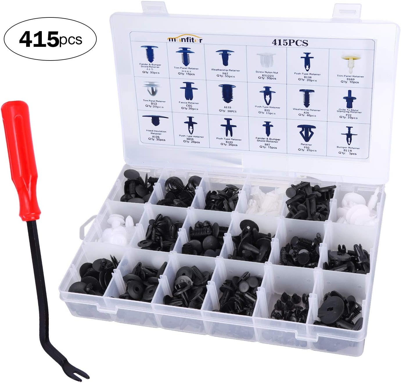 Manfiter 415 Pcs Car Retainer Clips and Push Rivet Pins Clips with Fastener Remover-18 Most Popular Sizes Auto Retainer Plastics Clips - Trim Panel Body Assortment Set for Ford GM Toyota Honda