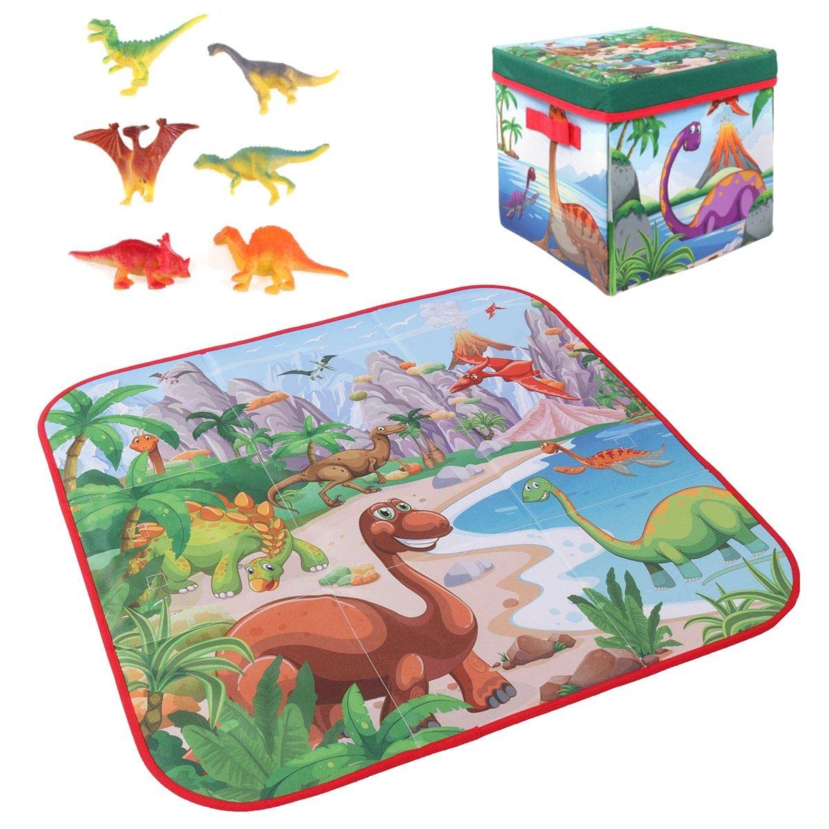 WnewTools 72x72cm Children Cartoon Play Mat+6 Dinosaur Toy Square Folding Box Camping Mat Kid Toddler Crawling Picnic Carpet