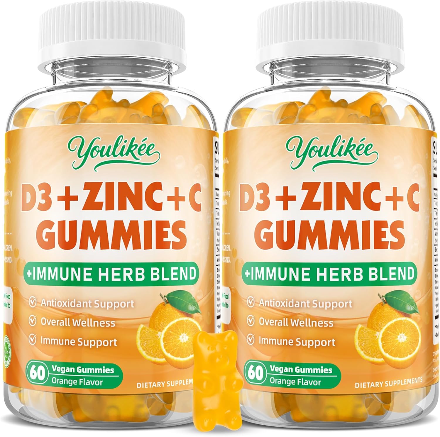 2 Pack Vitamin C + D3 + Zinc Gummies for Adults, Immune Support Supplement with Elderberry, Echinacea & Mullein Leaf - Powerful Antioxidant, Sugar Free, Orange Flavor, 120 Count