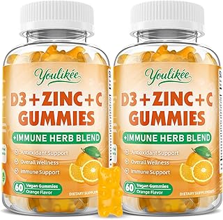 2 Pack Vitamin C + D3 + Zinc Gummies for Adults, Immune Support Supplement with Elderberry, Echinacea & Mullein Leaf - Antioxidant Support, Sugar Free, Orange Flavor, 120 Count