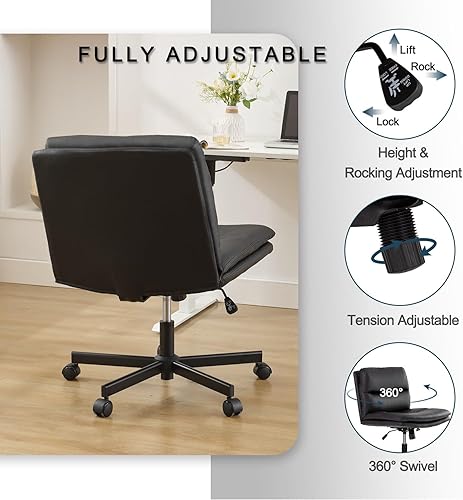 Miniatura 3 de Okeysen Silla cruzada con ruedas, asiento ancho sin brazos, patas cruzadas, cómoda silla de escritorio de oficina, silla de escritorio de piel