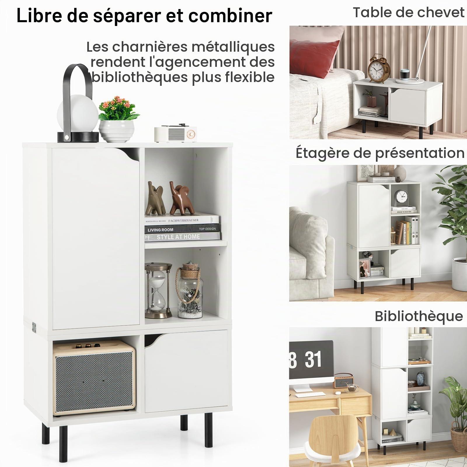 HOMASIS Bibliothèque en Bois Blanche, Armoire Géométrique avec Etagère Ouverte, Meuble de Rangement Multifonctionnel et Peu Encombrant pour Salon Entrée Studio Bureau, 60 x 30 x 96,5 cm