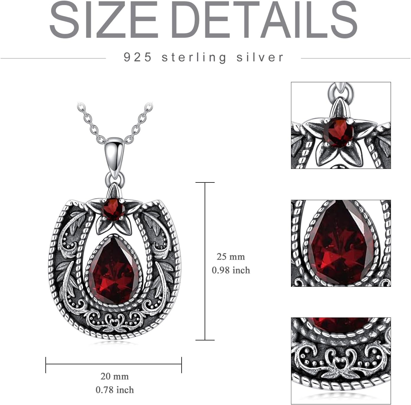 Western Style Lucky Horseshoe with Gemstone Necklace 925 Sterling Silver Retro Filigree Horseshoe Birthstone Pendant with 18+2 Inch Chain for Women