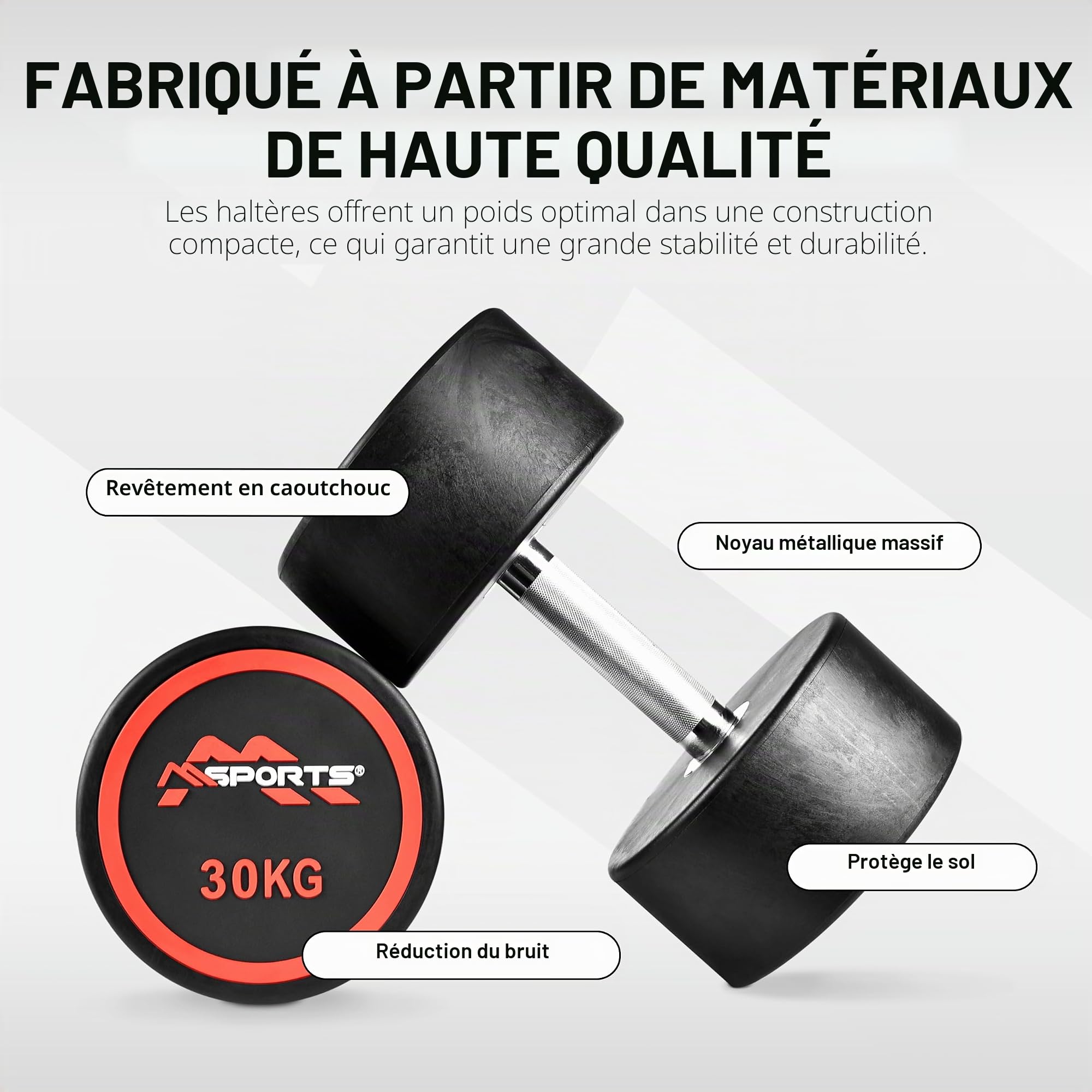 Lot de 2 haltères ronds, de qualité supérieure, avec revêtement en caoutchouc, 2,5 à 50 kg, poignée chromée et moletée, différentes variantes de poids